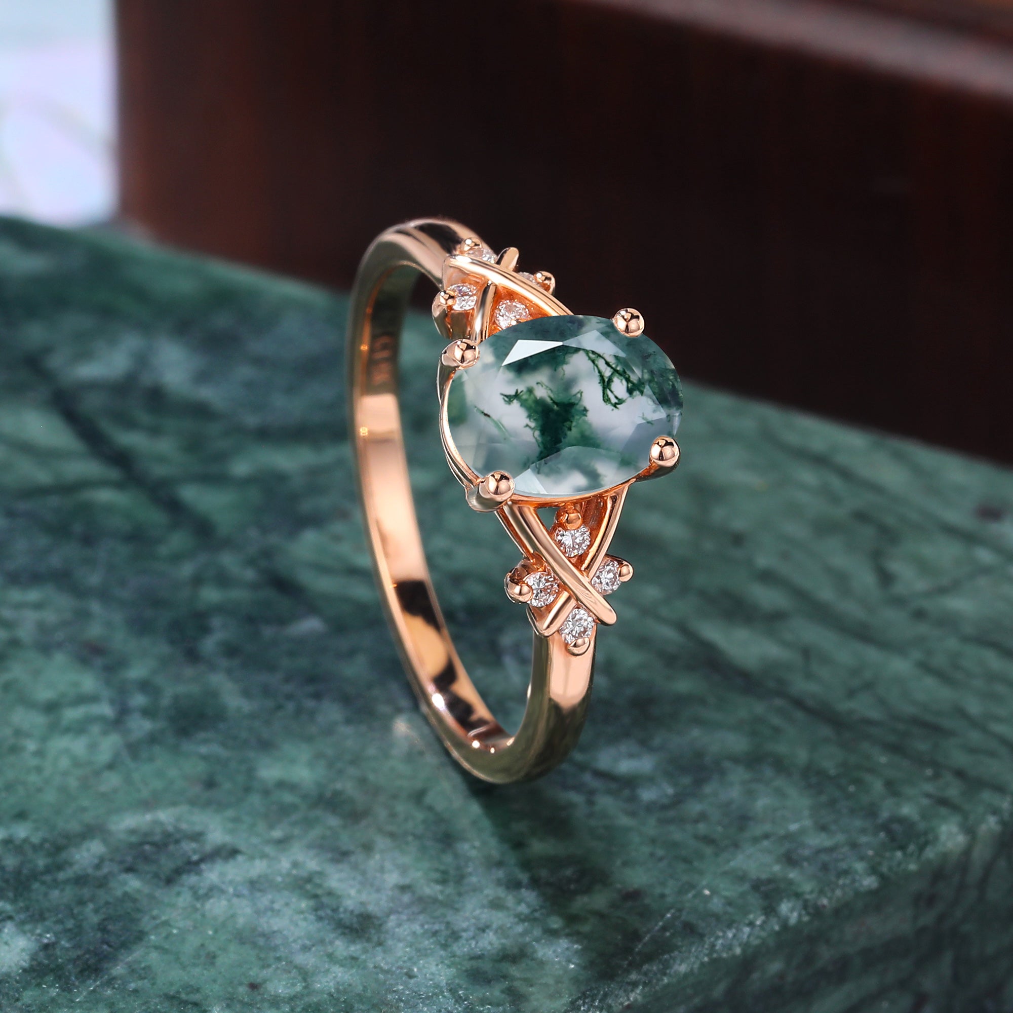 Oval cut Moss agate rose gold engagement ring S925/10k/14k/18k gold