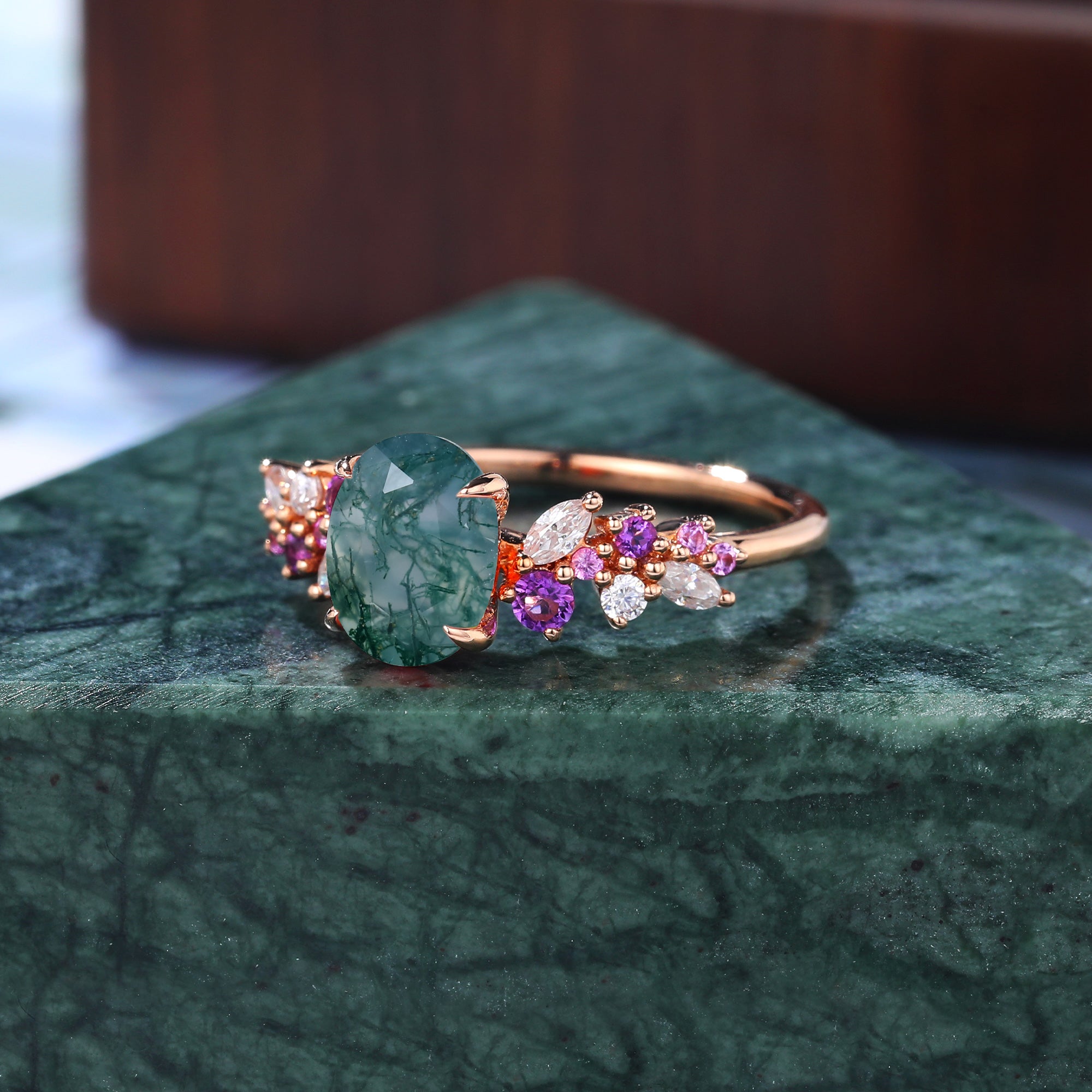 Oval Moss agate engagement ring 925silver/10k/14k/18k gold , unique Amethyst pink Sapphire moissanite ring
