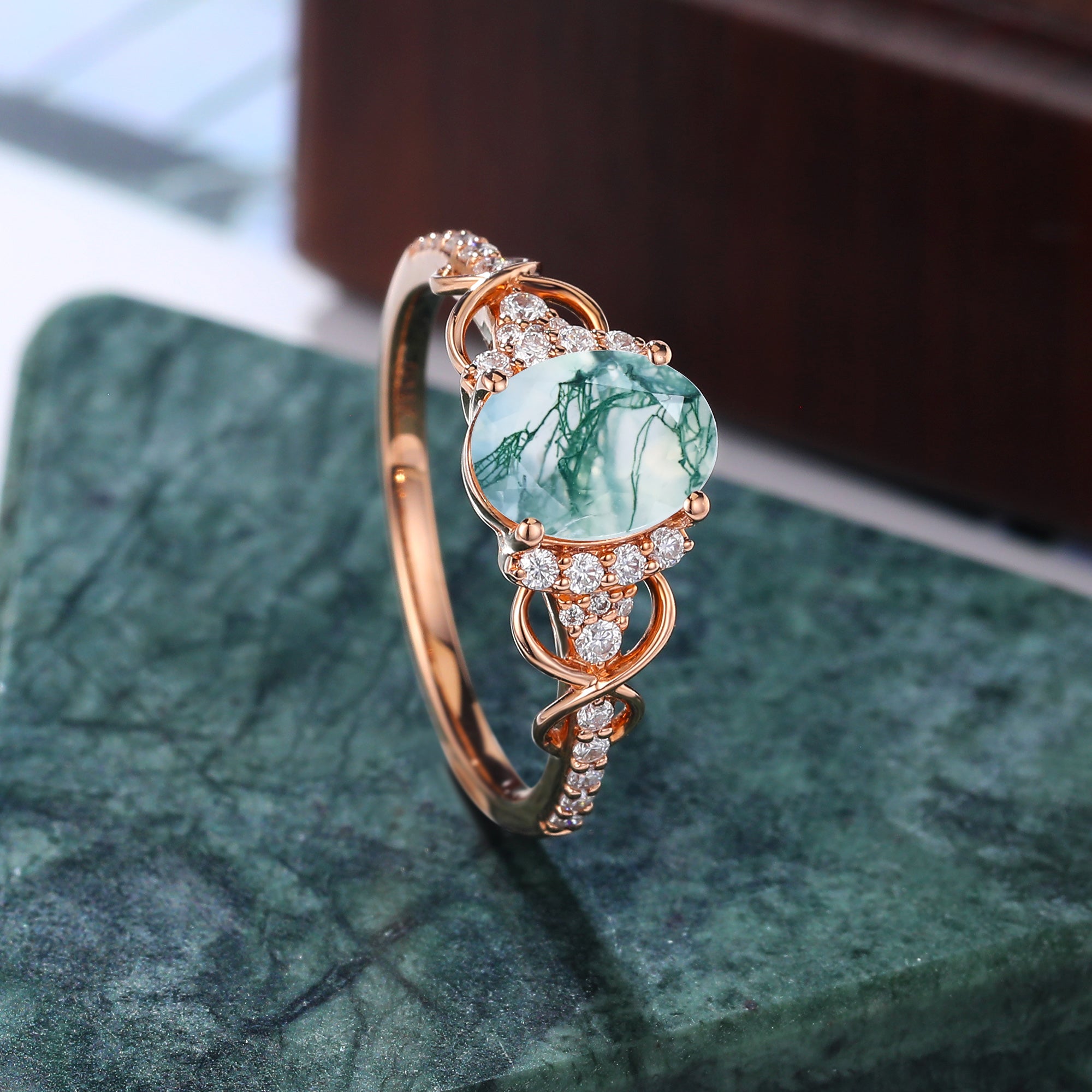 Oval cut Moss agate engagement ring S925/10k/14k/18k gold