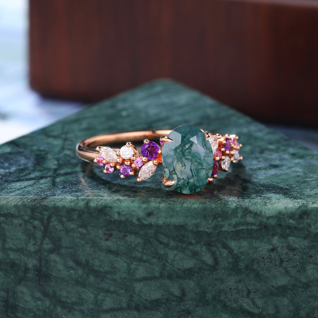 Oval Moss agate engagement ring 925silver/10k/14k/18k gold , unique Amethyst pink Sapphire moissanite ring