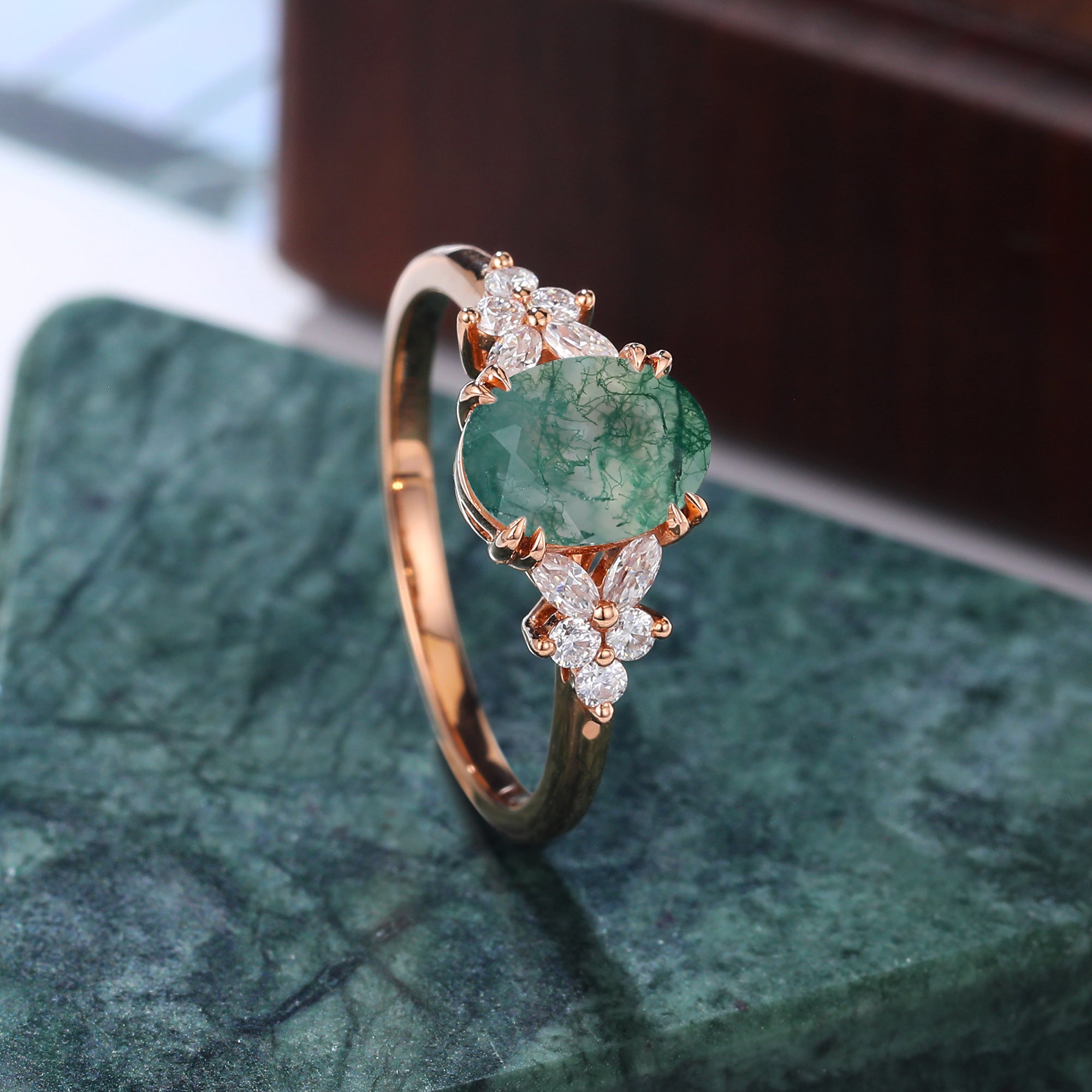Oval cut Moss agate rose gold engagement ring S925/10k/14k/18k gold , unique bridal ring rose/white/yellow gold.