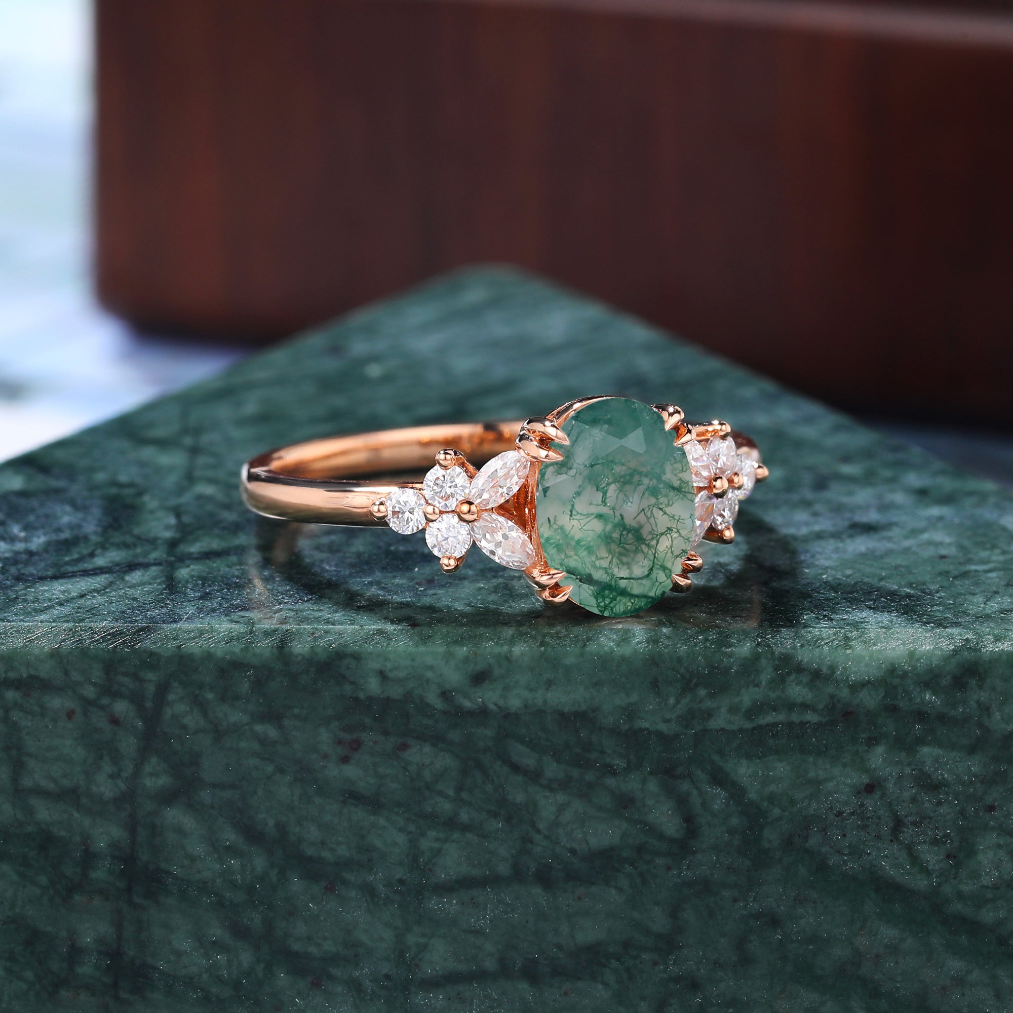 Oval cut Moss agate rose gold engagement ring S925/10k/14k/18k gold , unique bridal ring rose/white/yellow gold.