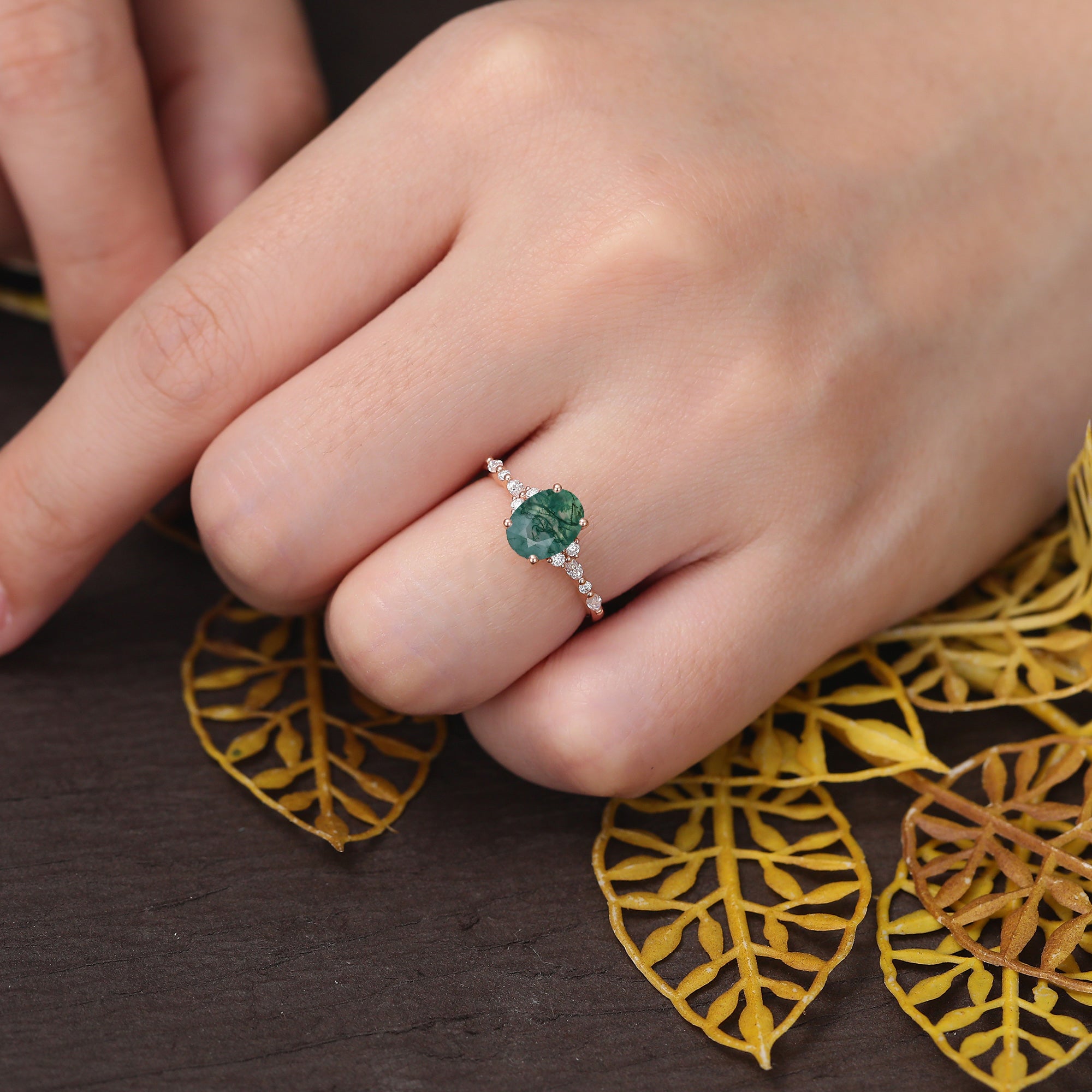 Oval cut Moss agate engagement ring S925/10k/14k/18k gold , unique bridal ring rose/white/yellow gold.