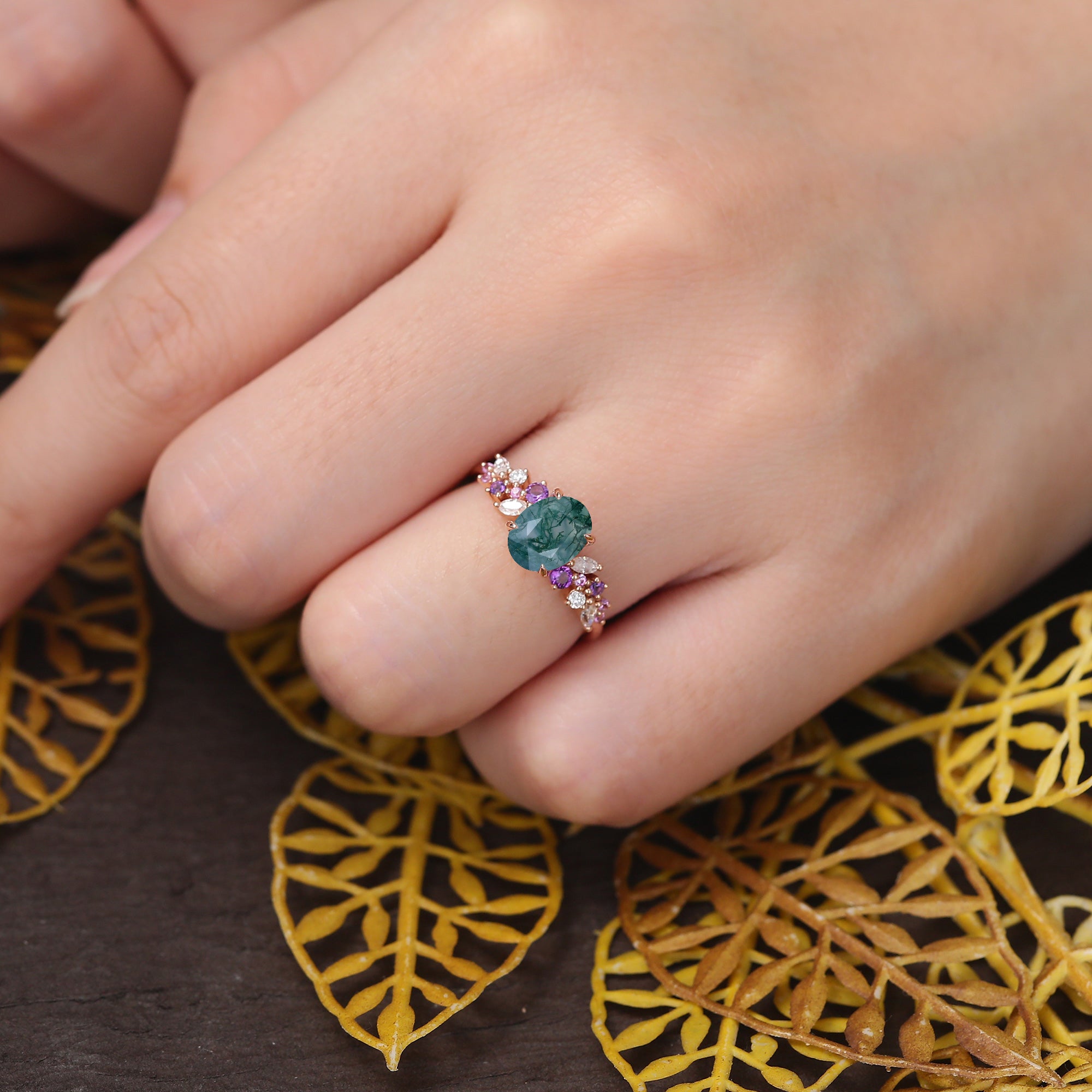Oval Moss agate engagement ring 925silver/10k/14k/18k gold , unique Amethyst pink Sapphire moissanite ring
