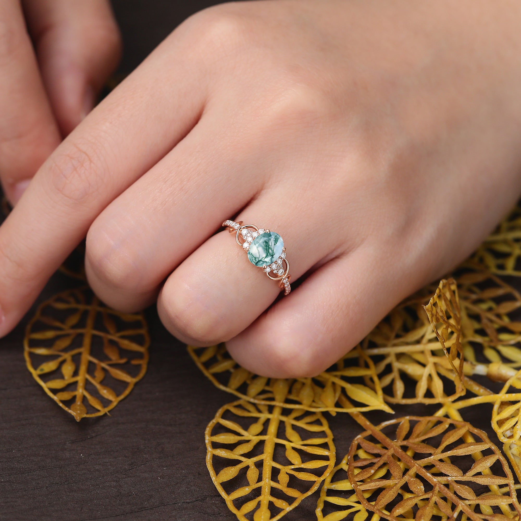 Oval cut Moss agate engagement ring S925/10k/14k/18k gold