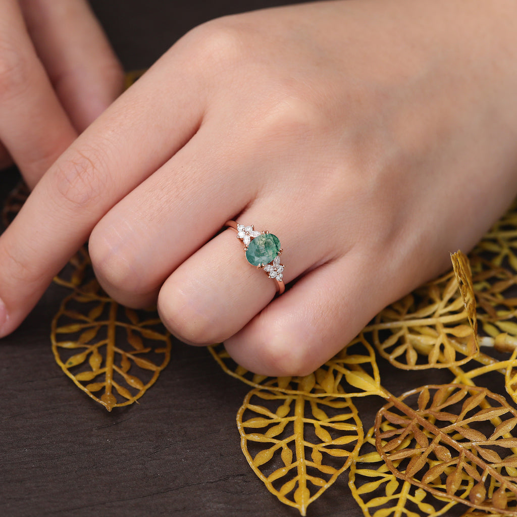 Oval cut Moss agate rose gold engagement ring S925/10k/14k/18k gold , unique bridal ring rose/white/yellow gold.