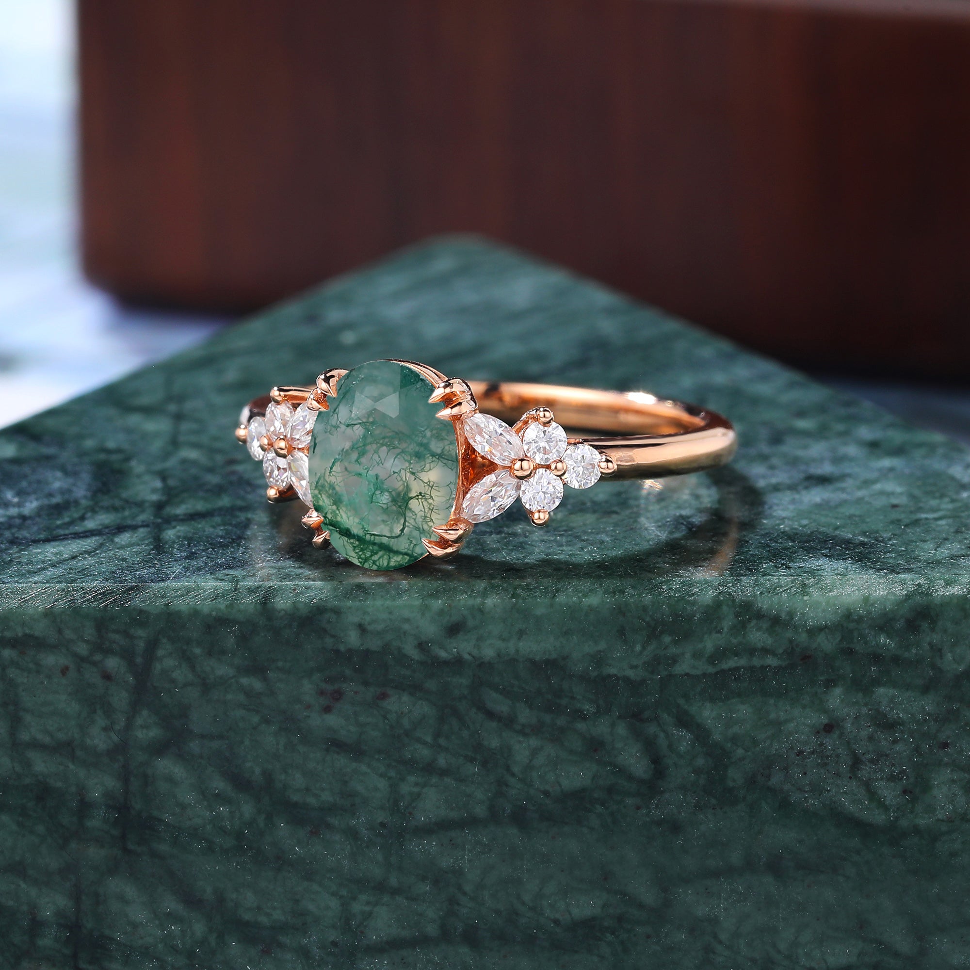 Oval cut Moss agate rose gold engagement ring S925/10k/14k/18k gold , unique bridal ring rose/white/yellow gold.