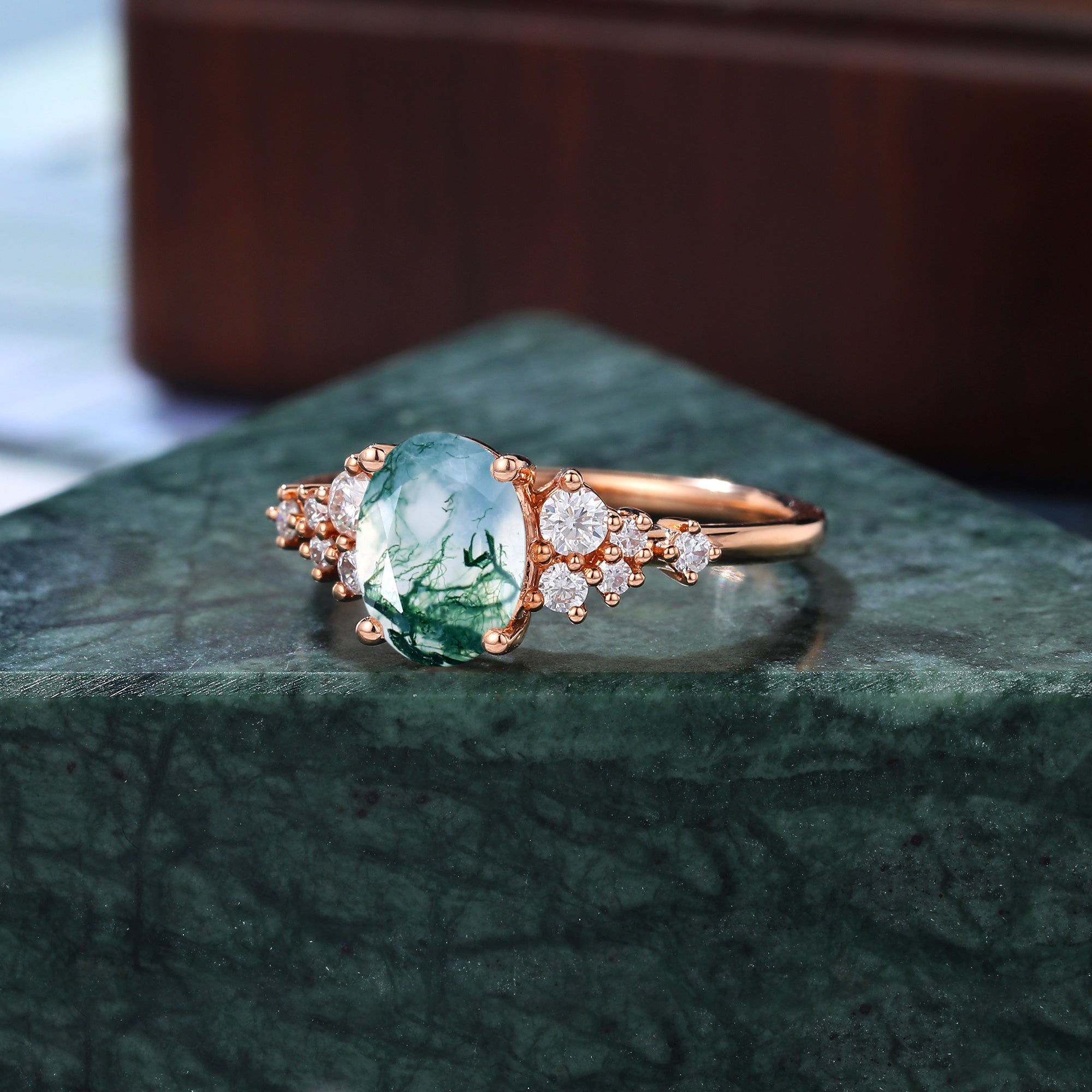 Oval cut Moss agate engagement ring. S925/10k/14k/18k gold , unique bridal ring rose/white/yellow gold.