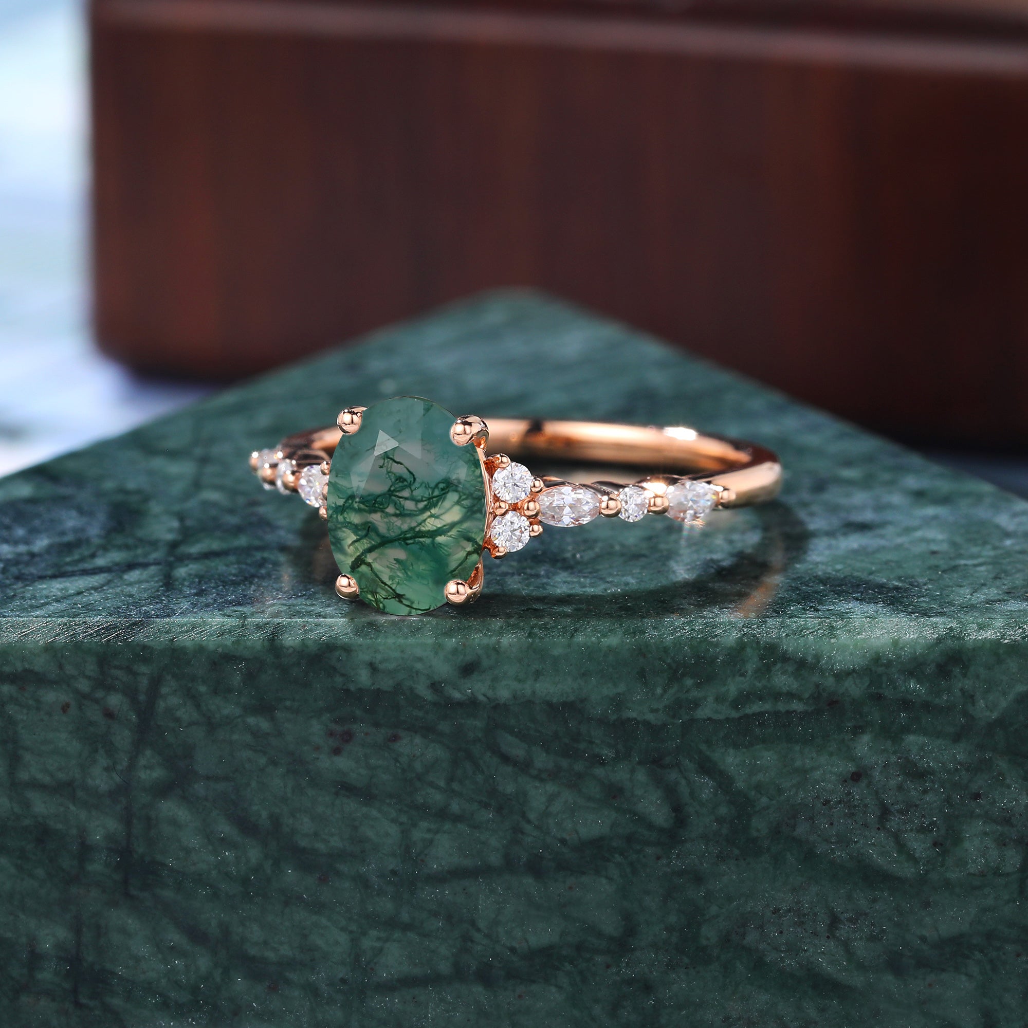 Oval cut Moss agate engagement ring S925/10k/14k/18k gold , unique bridal ring rose/white/yellow gold.