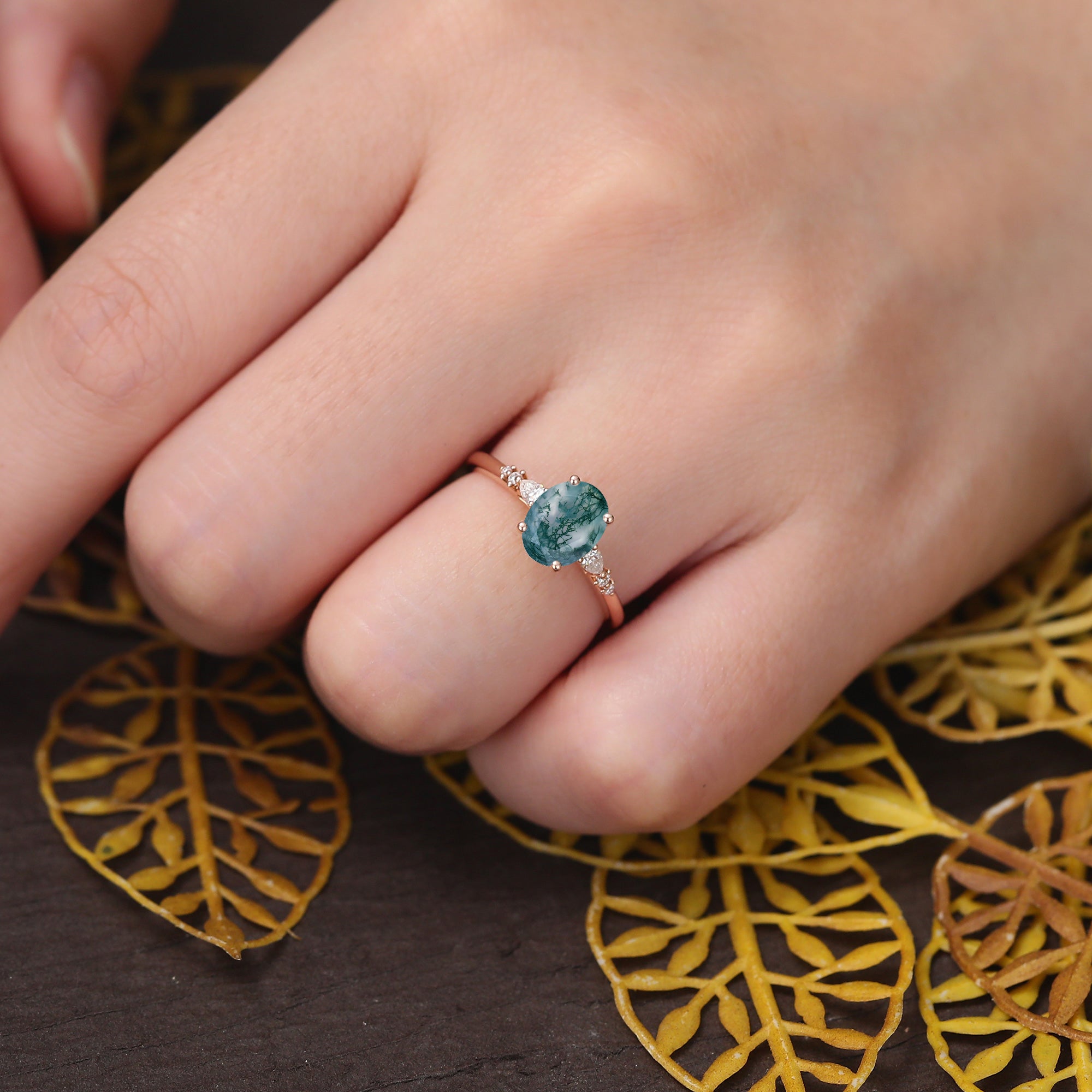 Oval cut Moss agate rose gold engagement ring S925/10k/14k/18k gold.