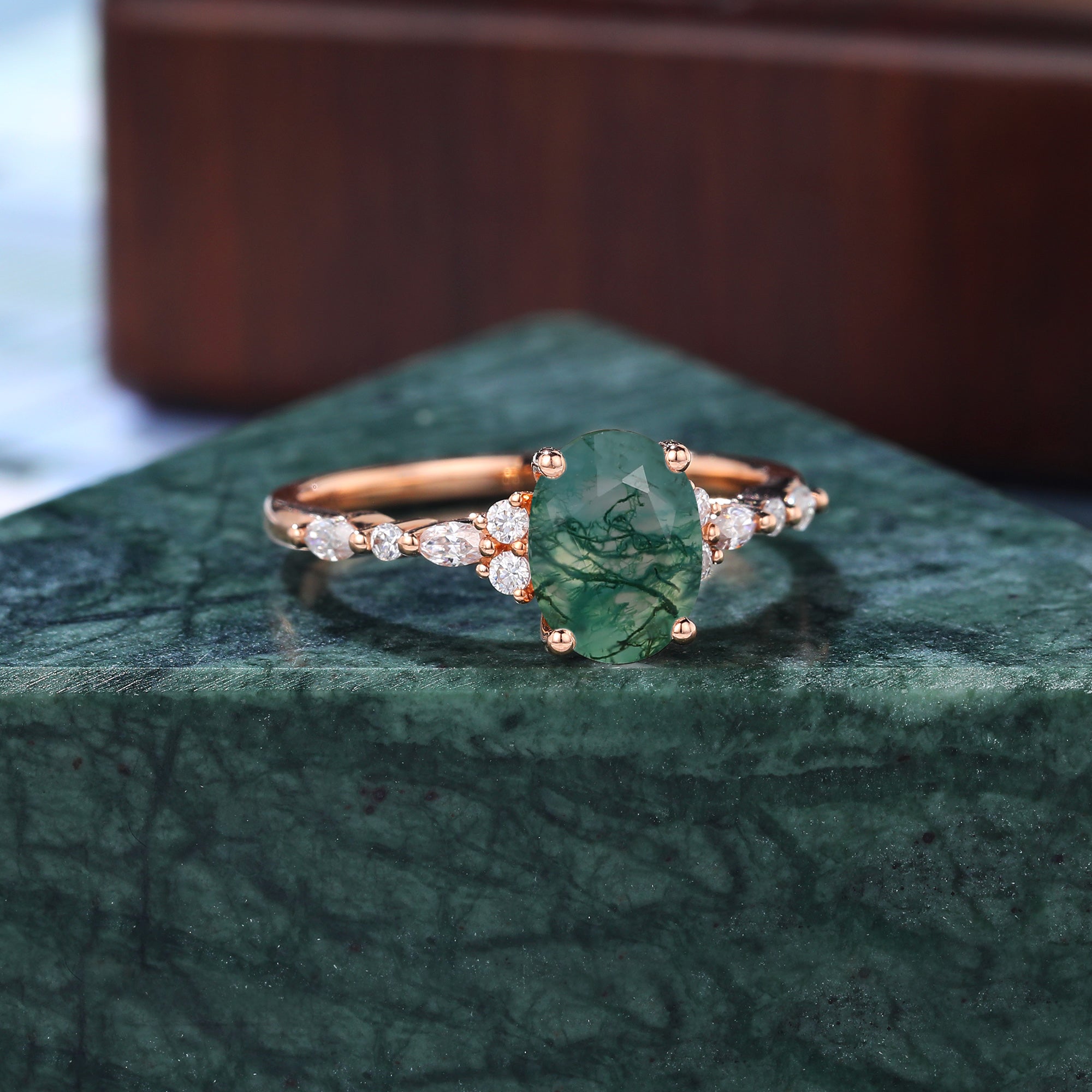 Oval cut Moss agate engagement ring S925/10k/14k/18k gold , unique bridal ring rose/white/yellow gold.