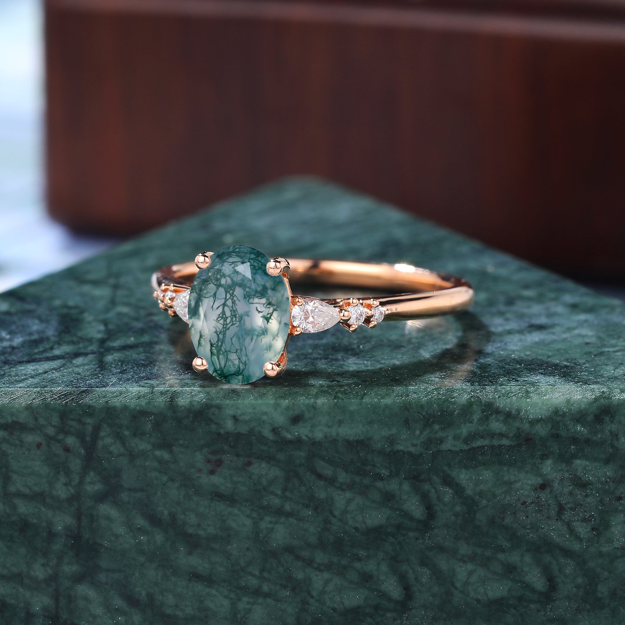 Oval cut Moss agate rose gold engagement ring S925/10k/14k/18k gold.