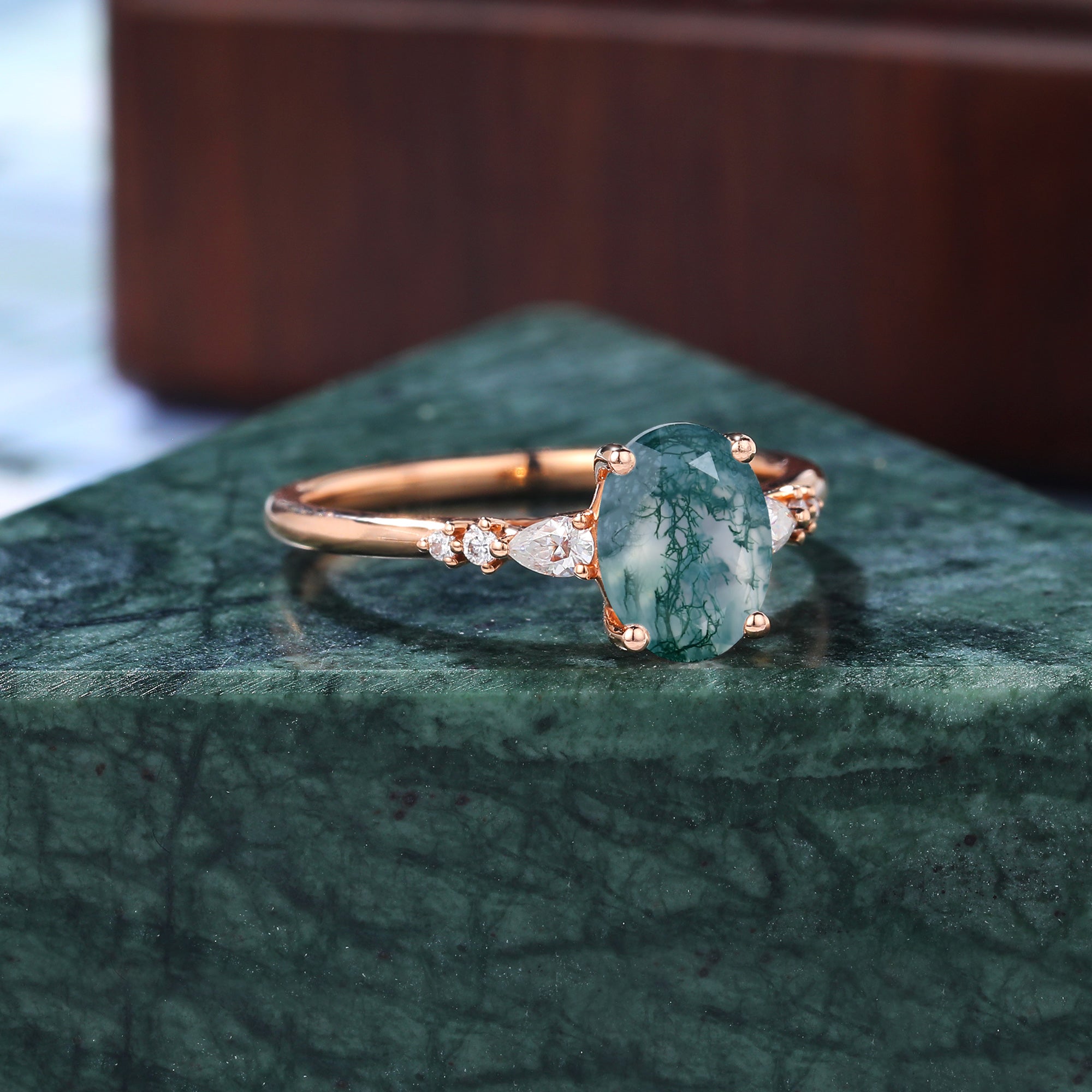 Oval cut Moss agate rose gold engagement ring S925/10k/14k/18k gold.