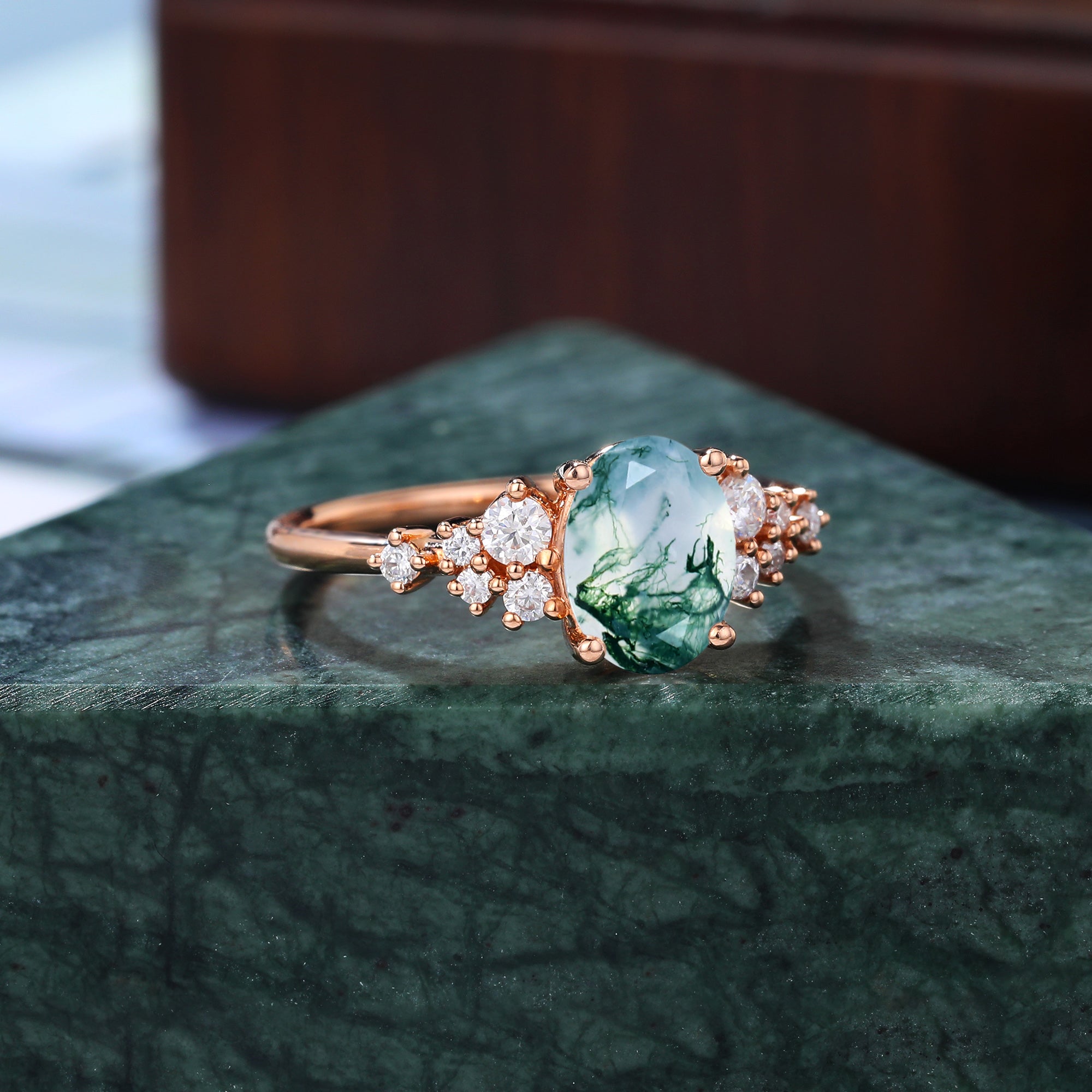 Oval cut Moss agate engagement ring. S925/10k/14k/18k gold , unique bridal ring rose/white/yellow gold.
