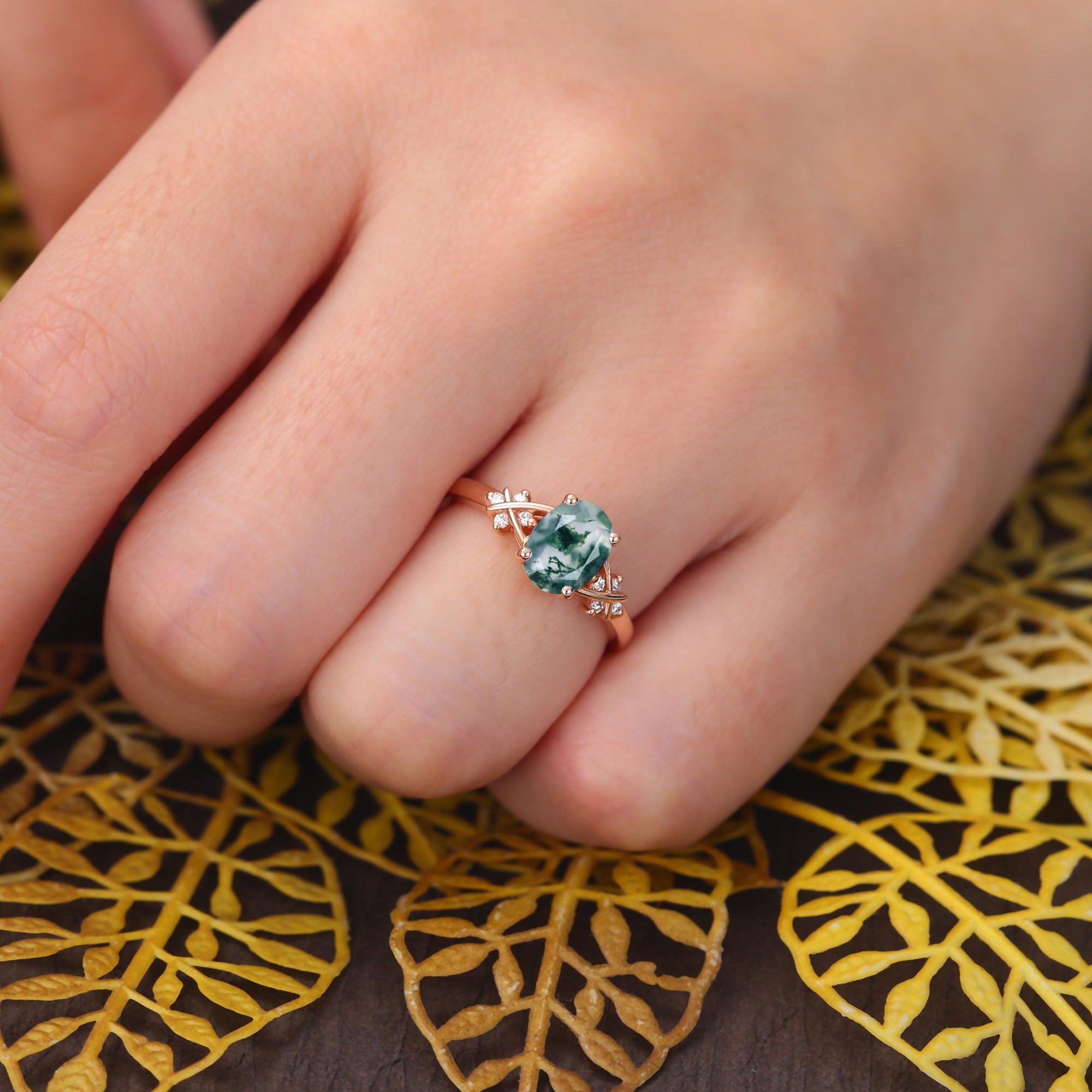 Oval cut Moss agate rose gold engagement ring S925/10k/14k/18k gold
