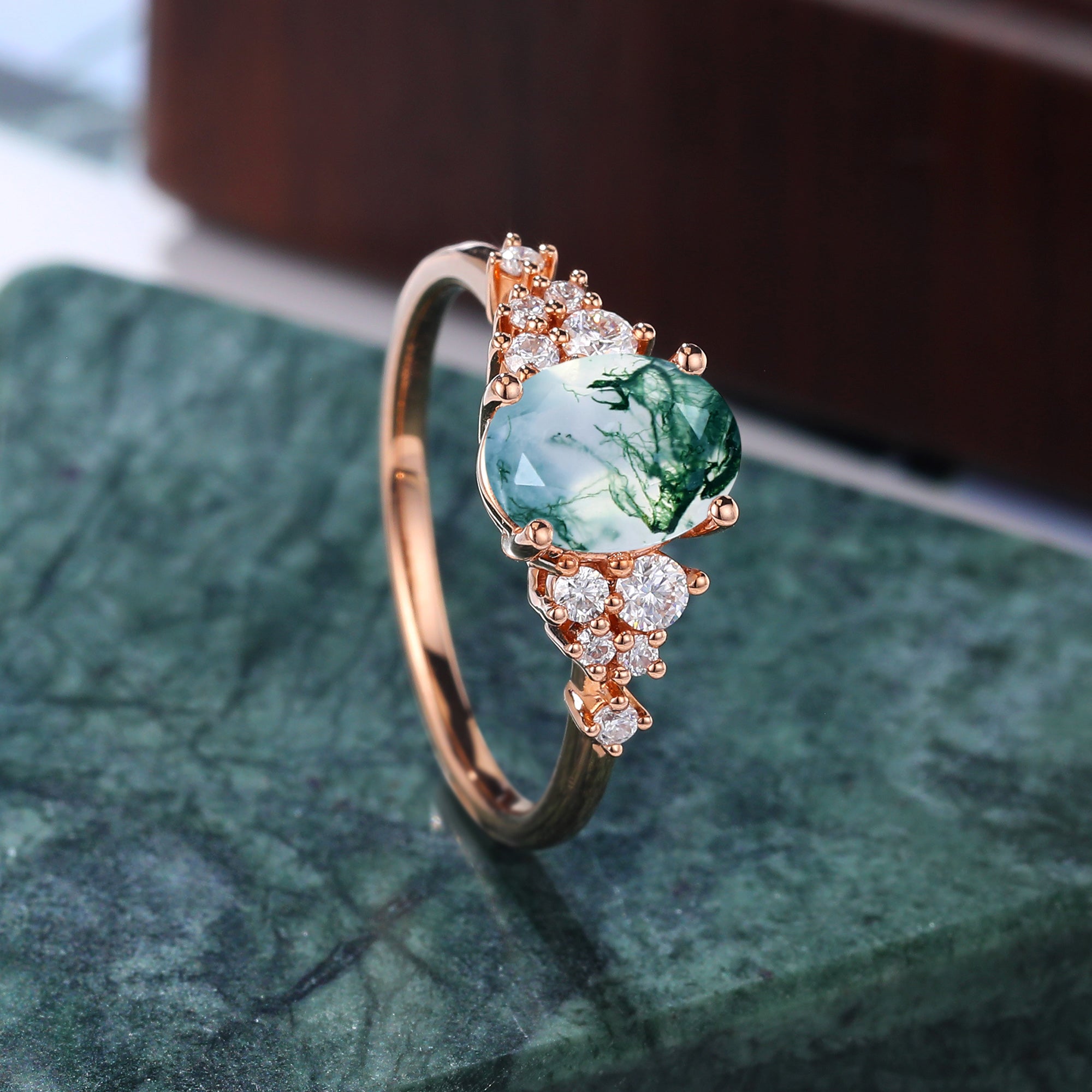 Oval cut Moss agate engagement ring. S925/10k/14k/18k gold , unique bridal ring rose/white/yellow gold.