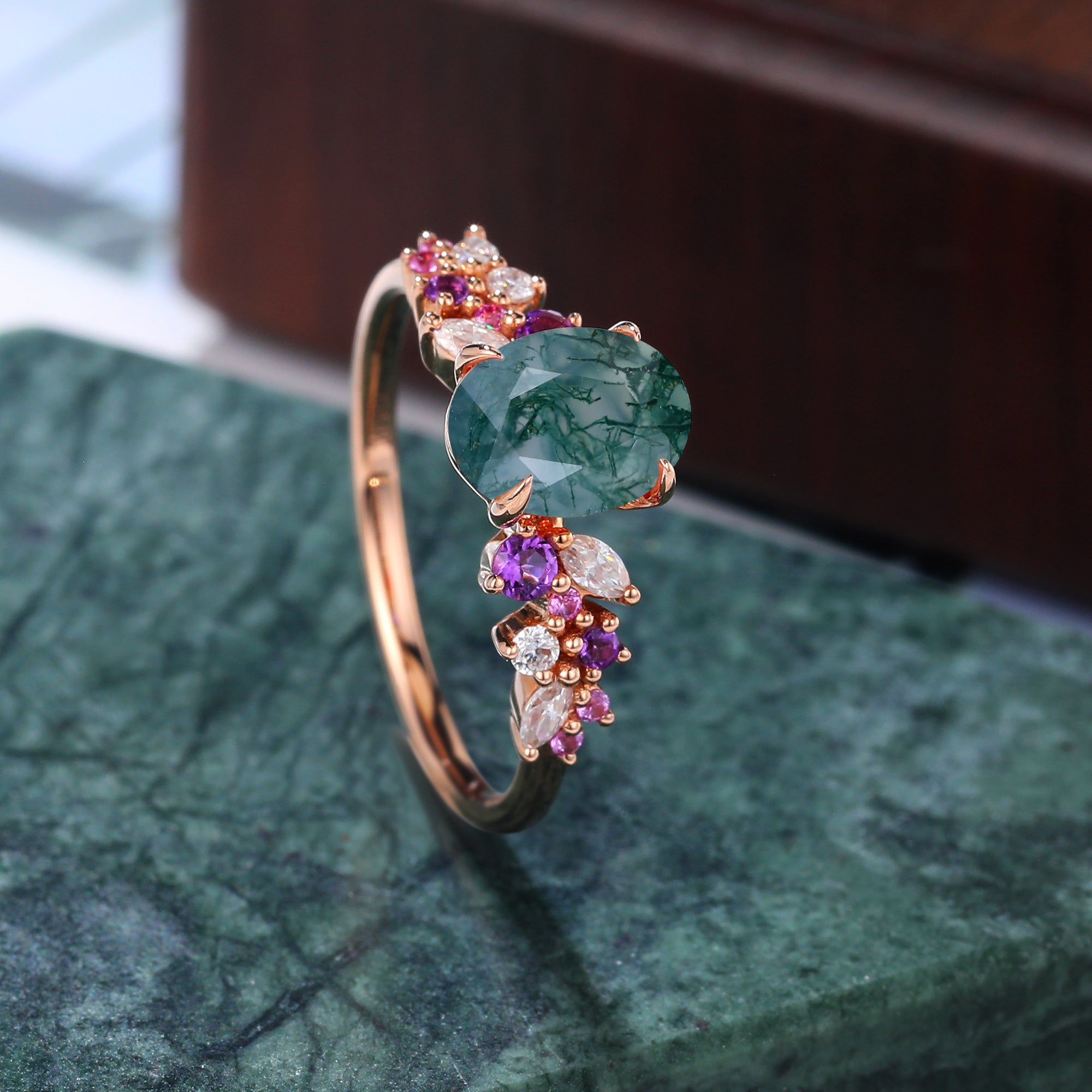 Oval Moss agate engagement ring 925silver/10k/14k/18k gold , unique Amethyst pink Sapphire moissanite ring