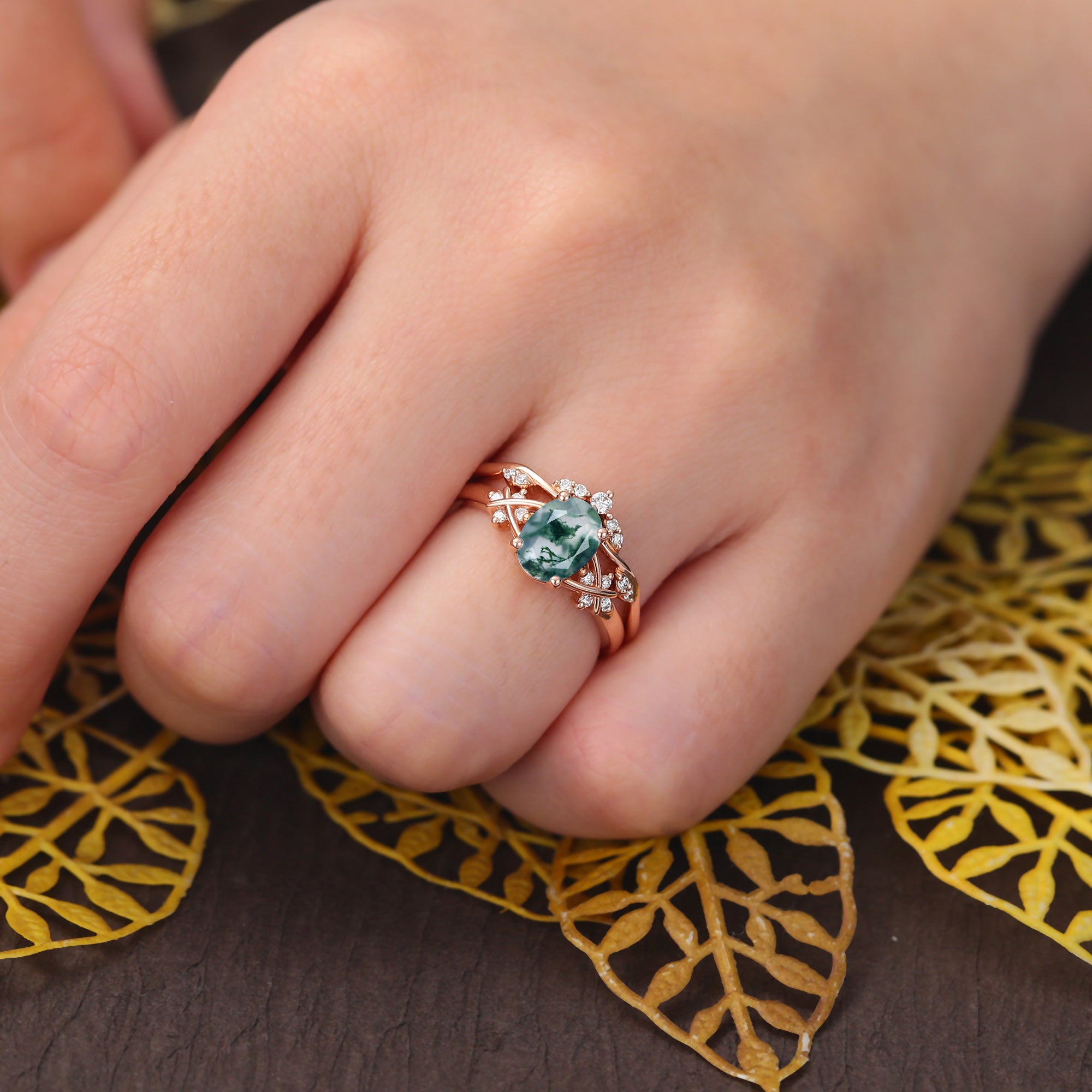 Vintage Oval Moss Agate rose gold Engagement Ring Set,  Rose /white/yellow Gold Bridal Wedding band S925/10k/14k/18k