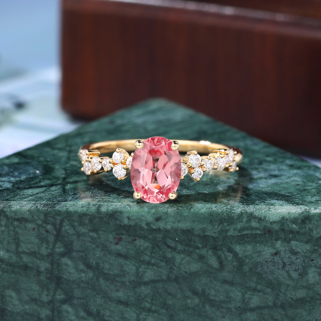 Oval cut Lab Pink Sapphire yellow gold engagement ring, S925/10k/14k/18k.rose/white/yellow gold