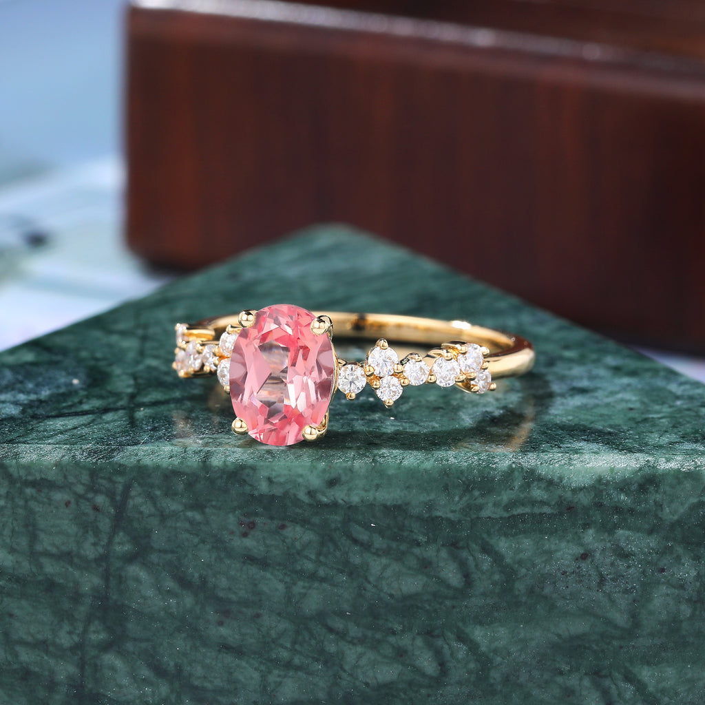 Oval cut Lab Pink Sapphire yellow gold engagement ring, S925/10k/14k/18k.rose/white/yellow gold