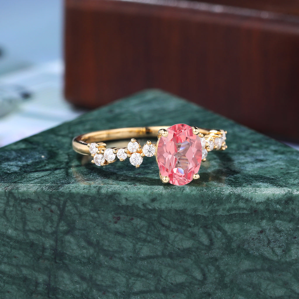 Oval cut Lab Pink Sapphire yellow gold engagement ring, S925/10k/14k/18k.rose/white/yellow gold