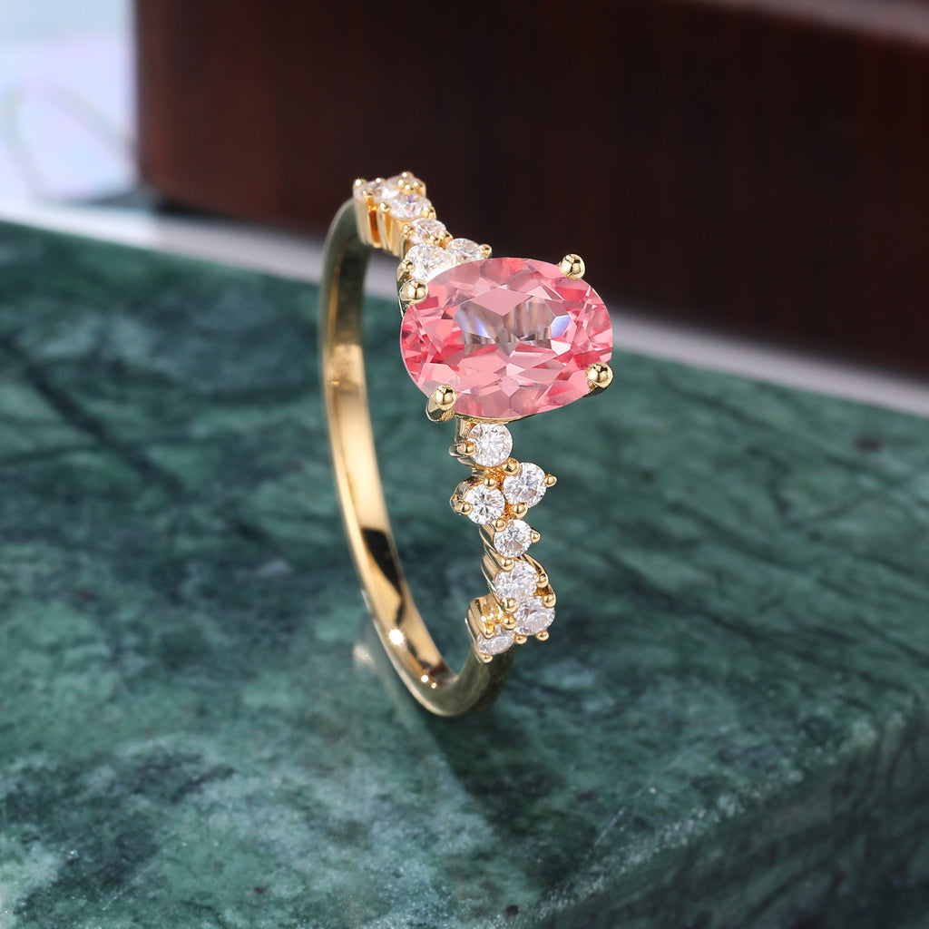 Oval cut Lab Pink Sapphire yellow gold engagement ring, S925/10k/14k/18k.rose/white/yellow gold