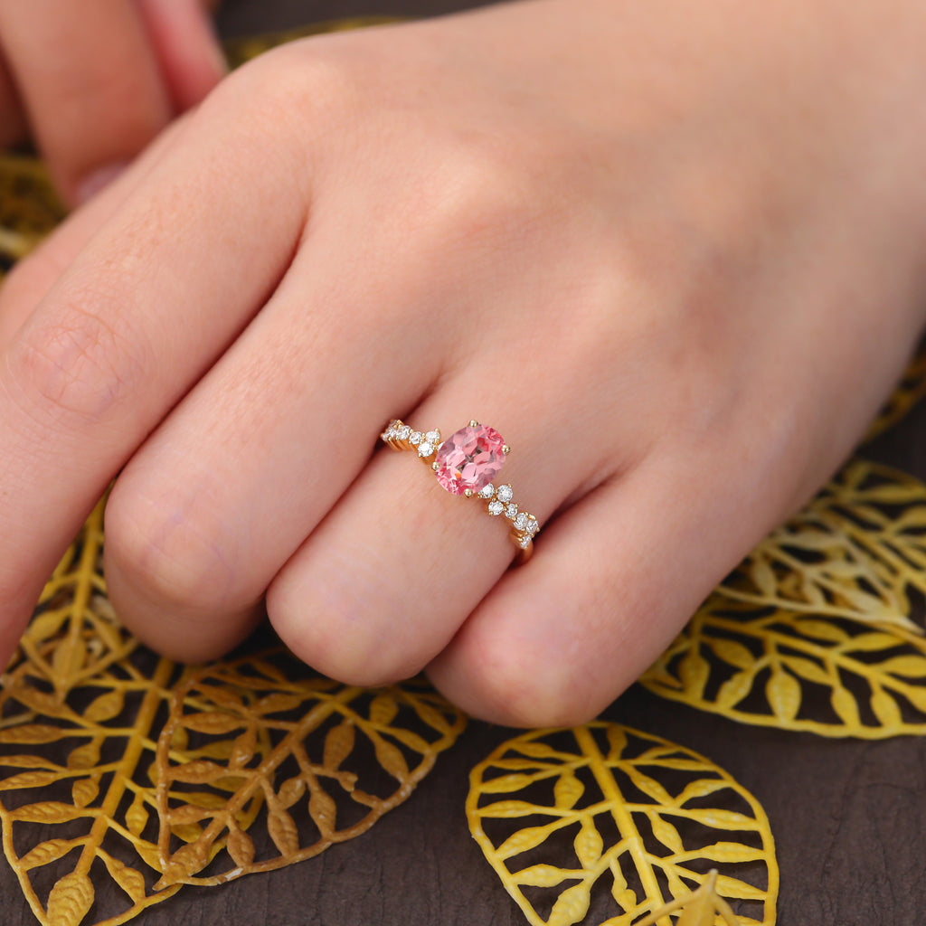 Oval cut Lab Pink Sapphire yellow gold engagement ring, S925/10k/14k/18k.rose/white/yellow gold