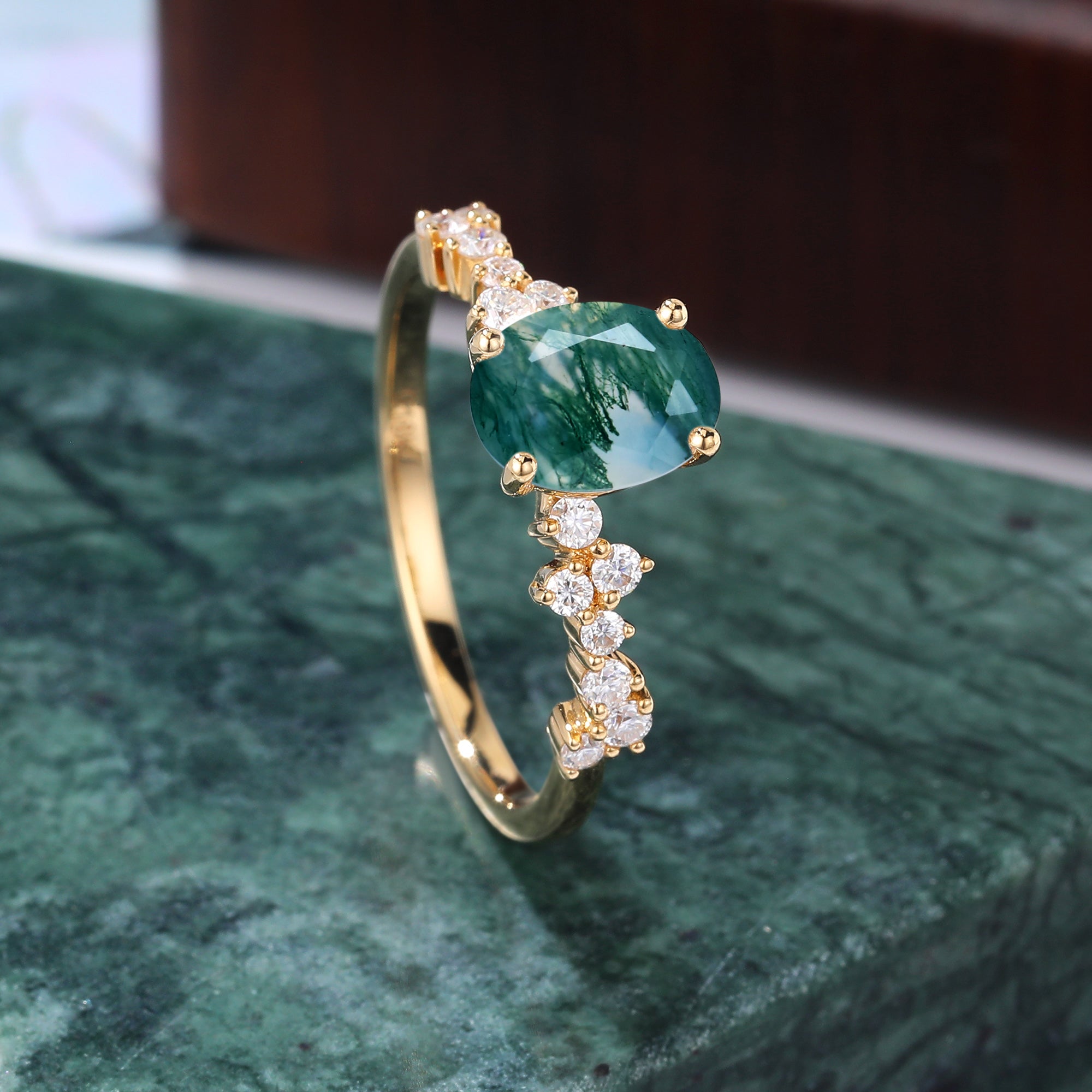 Oval cut Moss agate yellow gold engagement ring S925/10k/14k/18k gold , unique bridal ring rose/white/yellow gold
