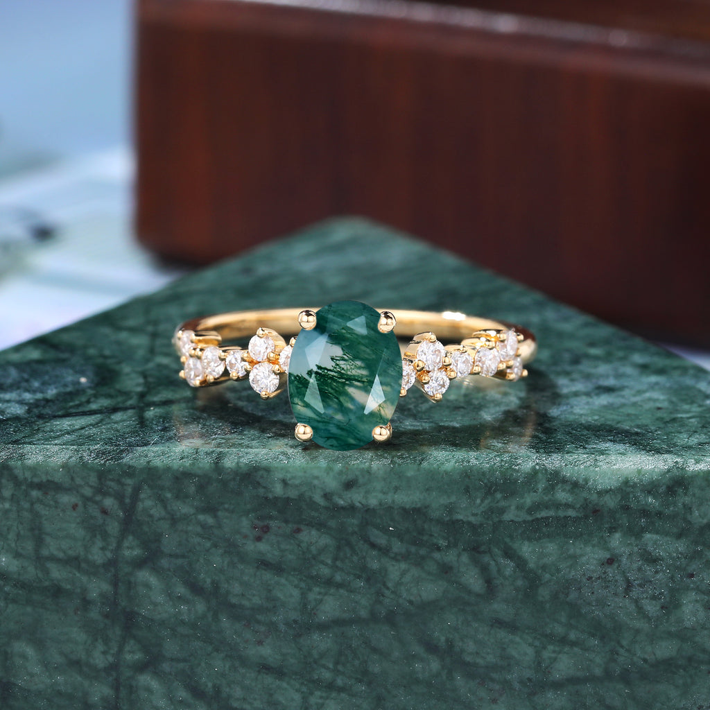 Oval cut Moss agate yellow gold engagement ring S925/10k/14k/18k gold , unique bridal ring rose/white/yellow gold
