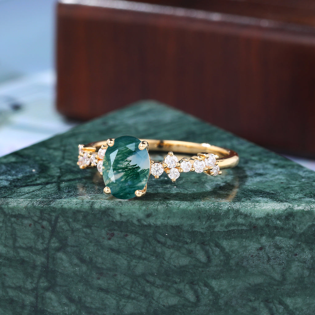 Oval cut Moss agate yellow gold engagement ring S925/10k/14k/18k gold , unique bridal ring rose/white/yellow gold