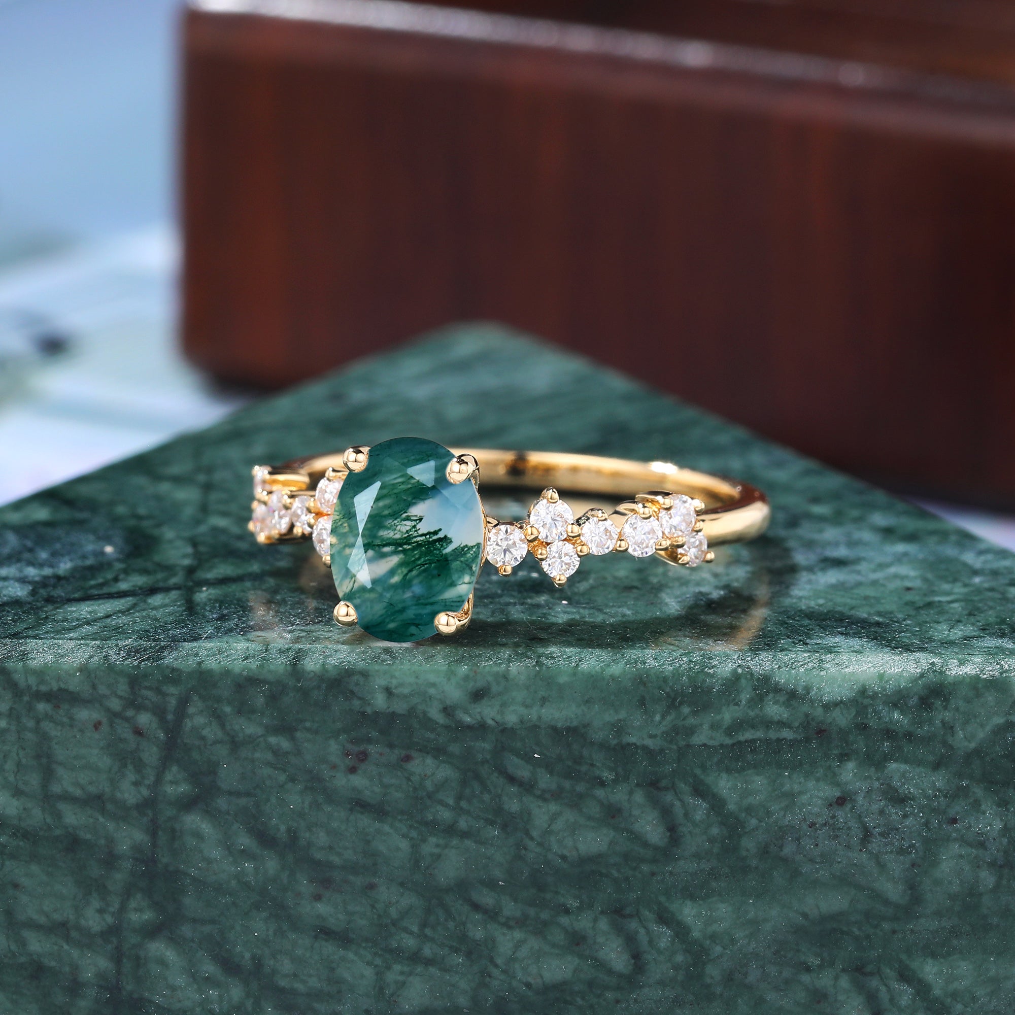 Oval cut Moss agate yellow gold engagement ring S925/10k/14k/18k gold , unique bridal ring rose/white/yellow gold