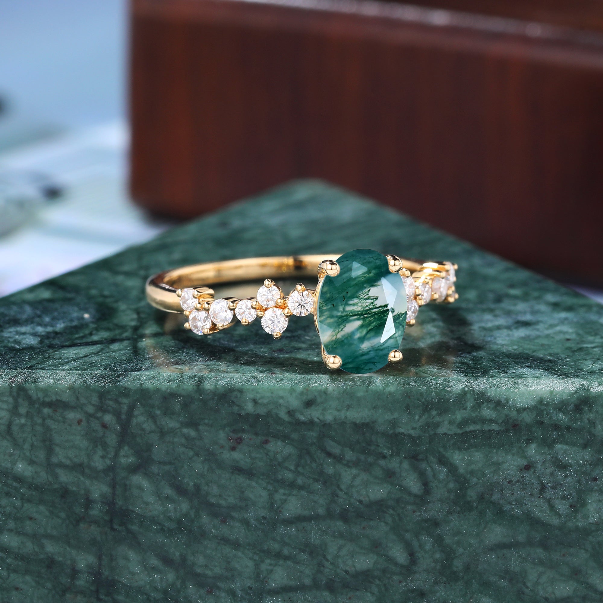 Oval cut Moss agate yellow gold engagement ring S925/10k/14k/18k gold , unique bridal ring rose/white/yellow gold