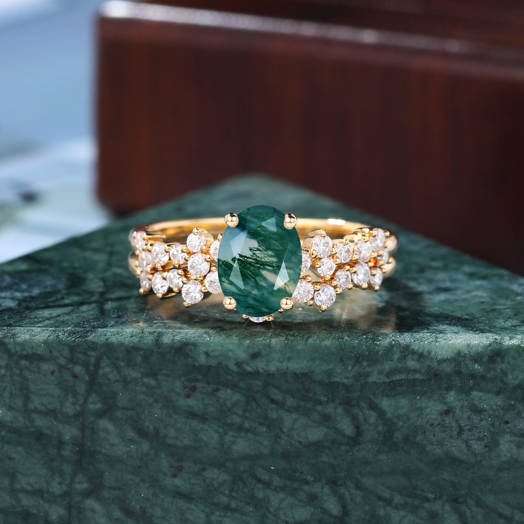 Vintage Oval Moss Agate yellow gold Engagement Ring Set,   rose/white Gold Bridal Wedding band S925/10k/14k/18k