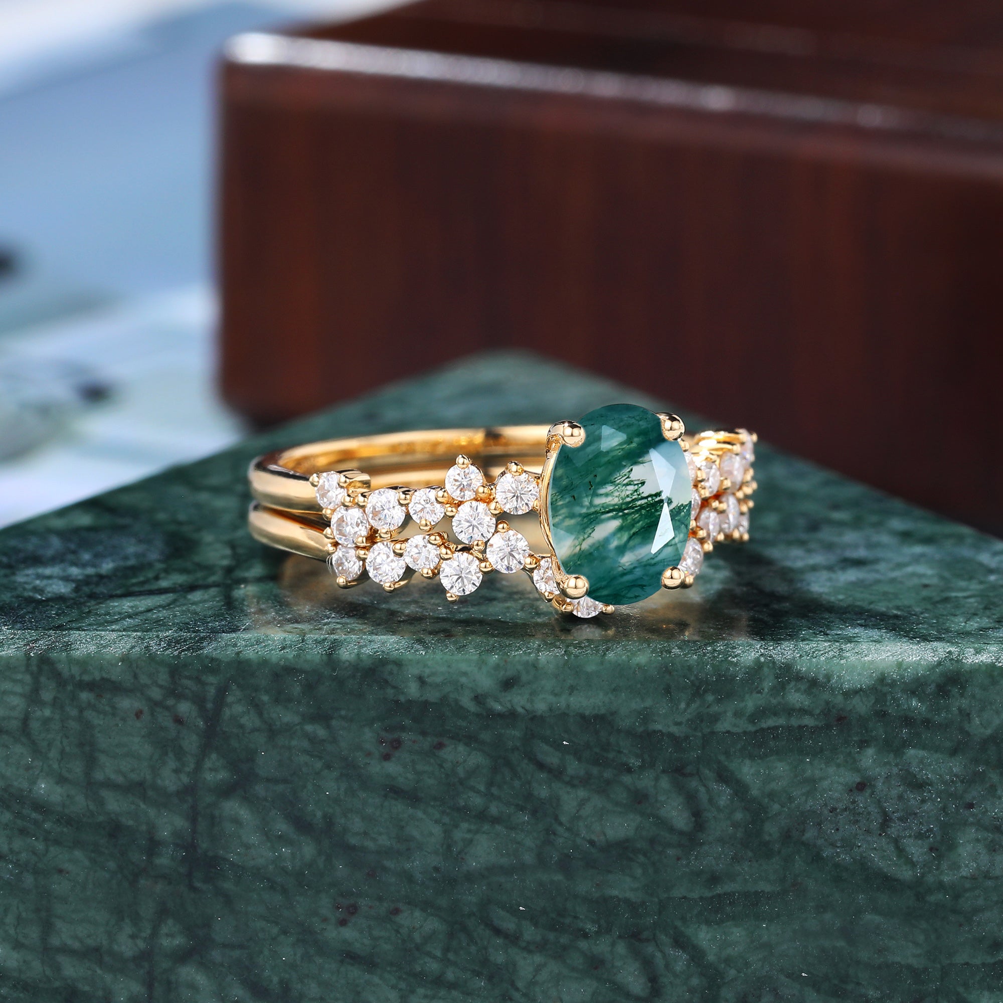 Vintage Oval Moss Agate yellow gold Engagement Ring Set,   rose/white Gold Bridal Wedding band S925/10k/14k/18k