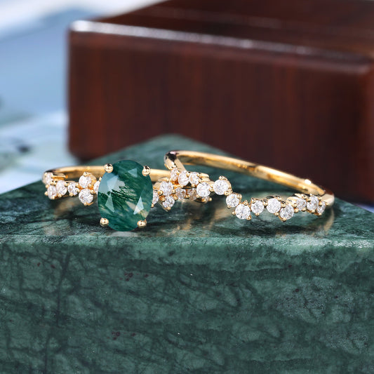 Vintage Oval Moss Agate yellow gold Engagement Ring Set,   rose/white Gold Bridal Wedding band S925/10k/14k/18k