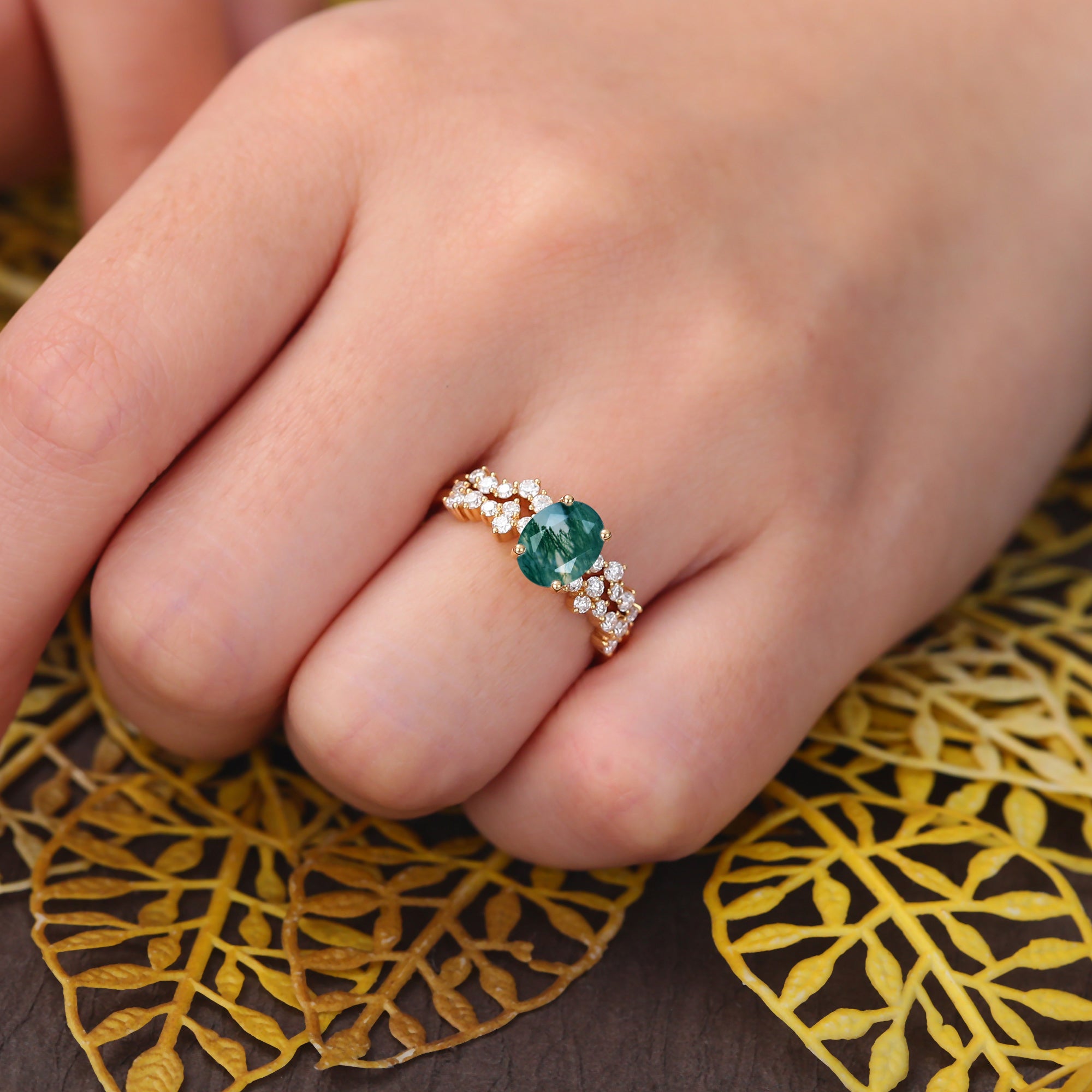 Vintage Oval Moss Agate yellow gold Engagement Ring Set,   rose/white Gold Bridal Wedding band S925/10k/14k/18k