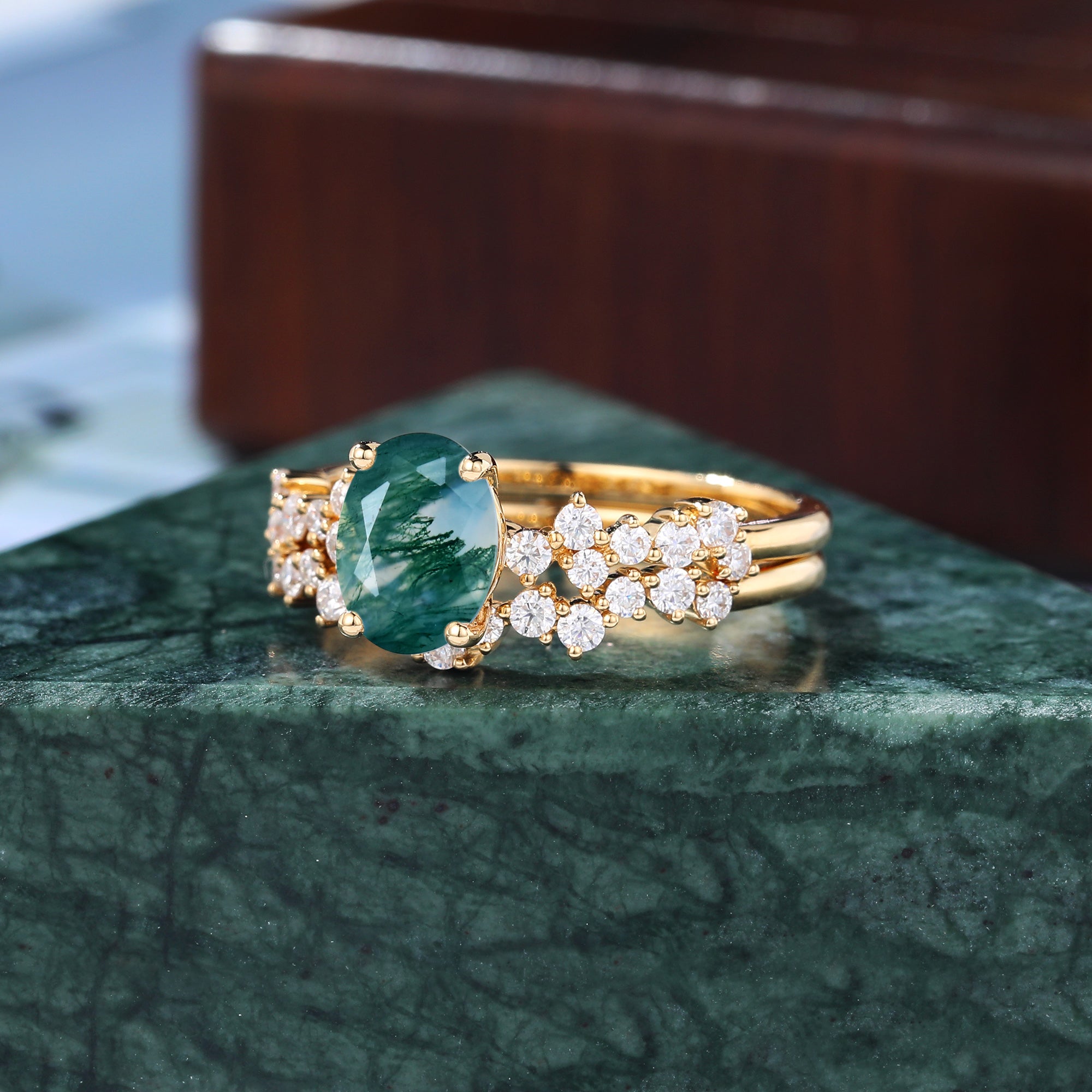 Vintage Oval Moss Agate yellow gold Engagement Ring Set,   rose/white Gold Bridal Wedding band S925/10k/14k/18k