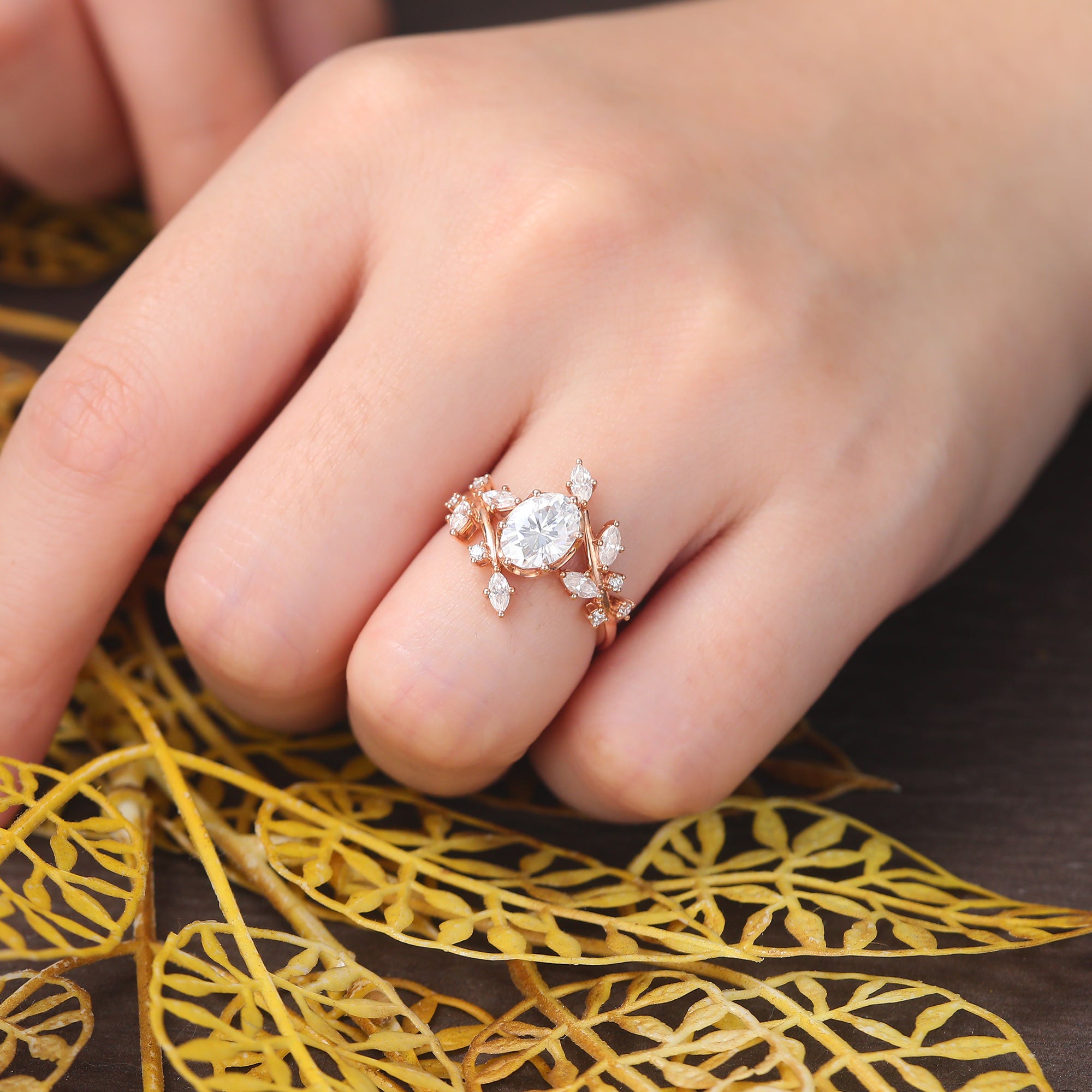Oval cut moissanite rose gold engagement Ring. Unique twig shaped bridal ring
