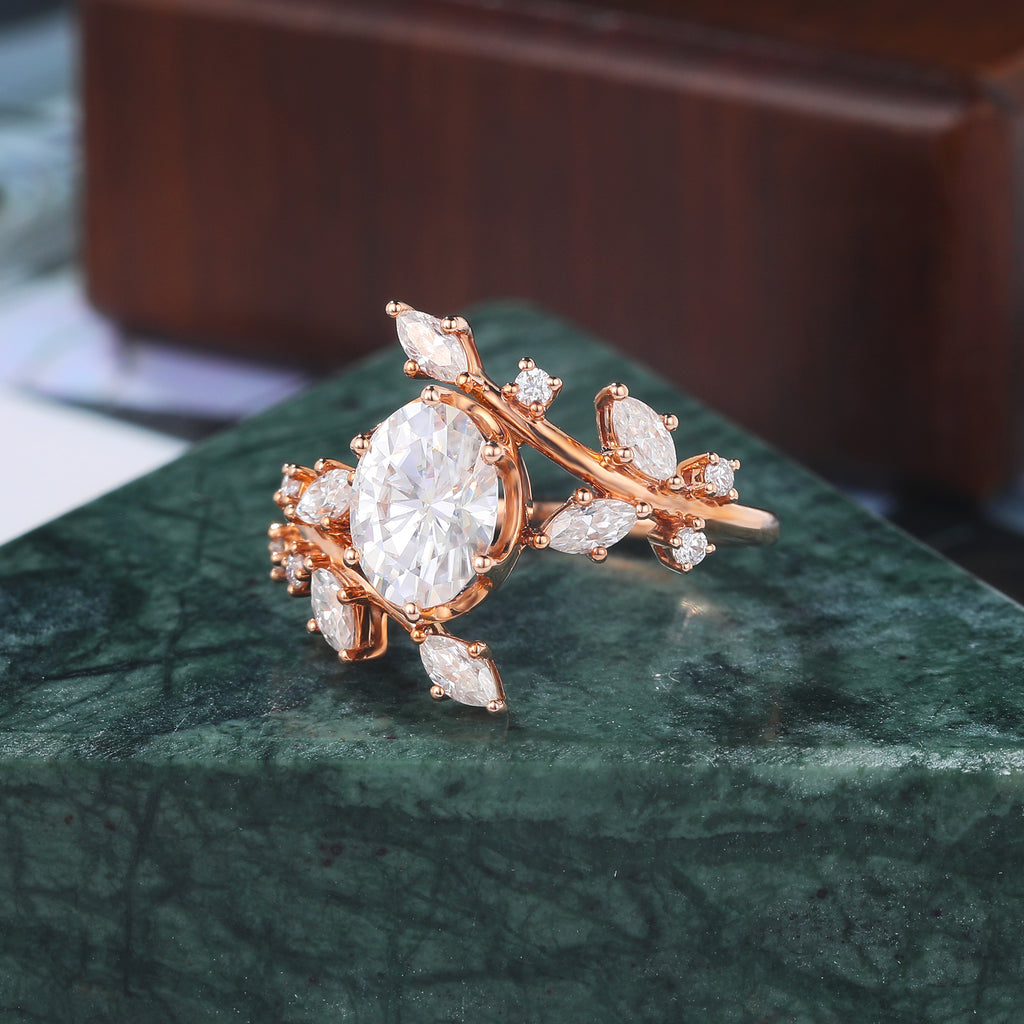 Oval cut moissanite rose gold engagement Ring. Unique twig shaped bridal ring