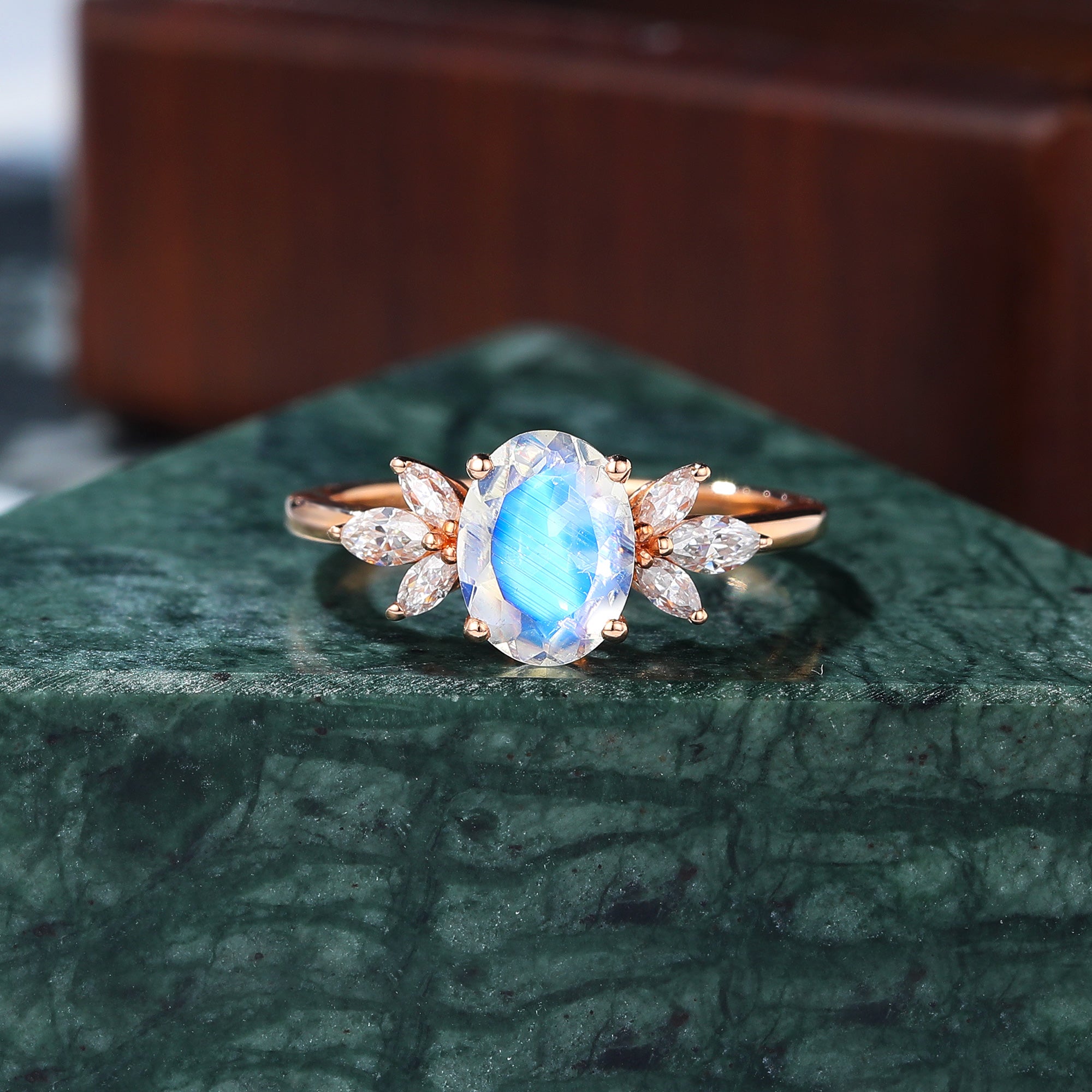 Oval cut Moonstone rose gold engagement Ring.