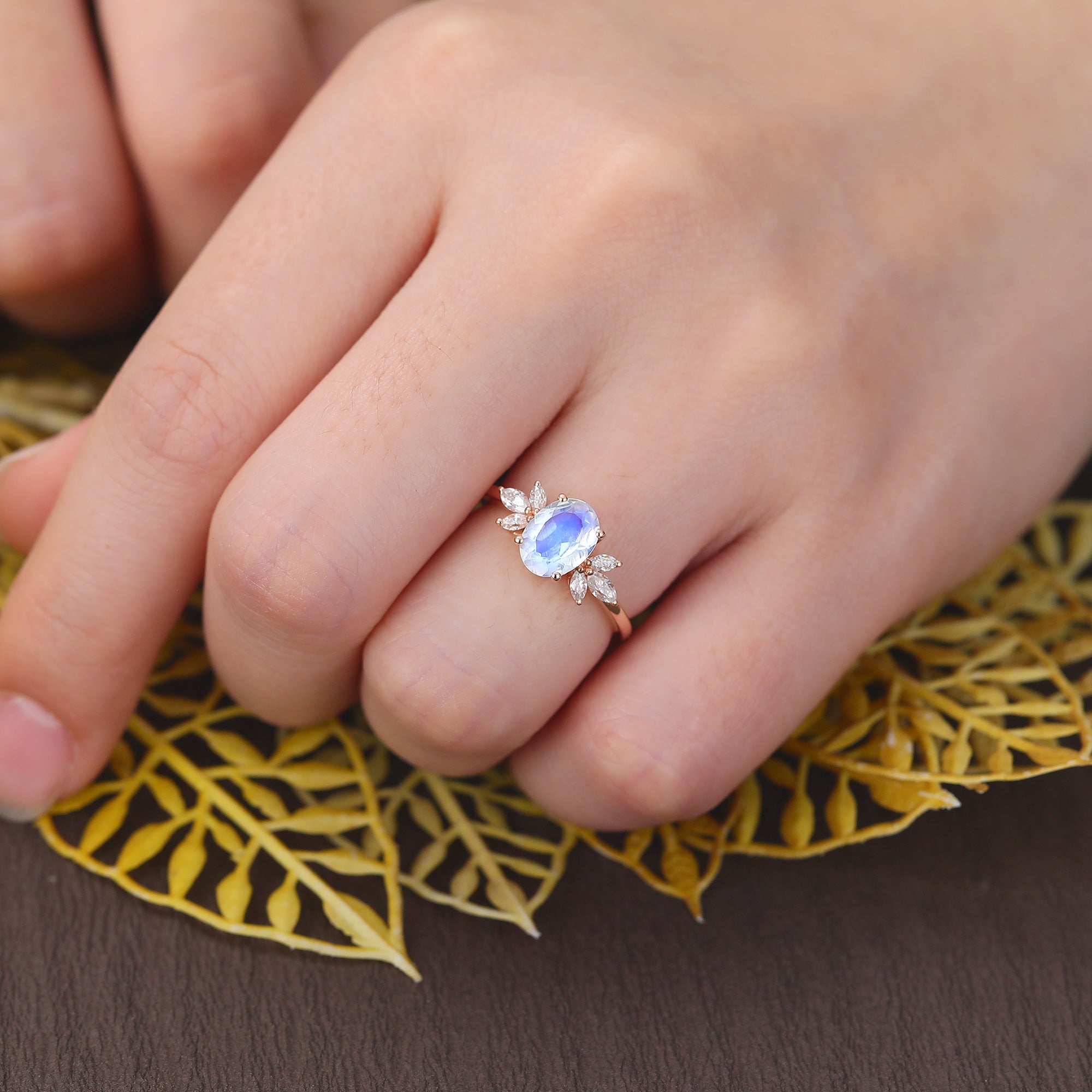 Oval cut Moonstone rose gold engagement Ring.