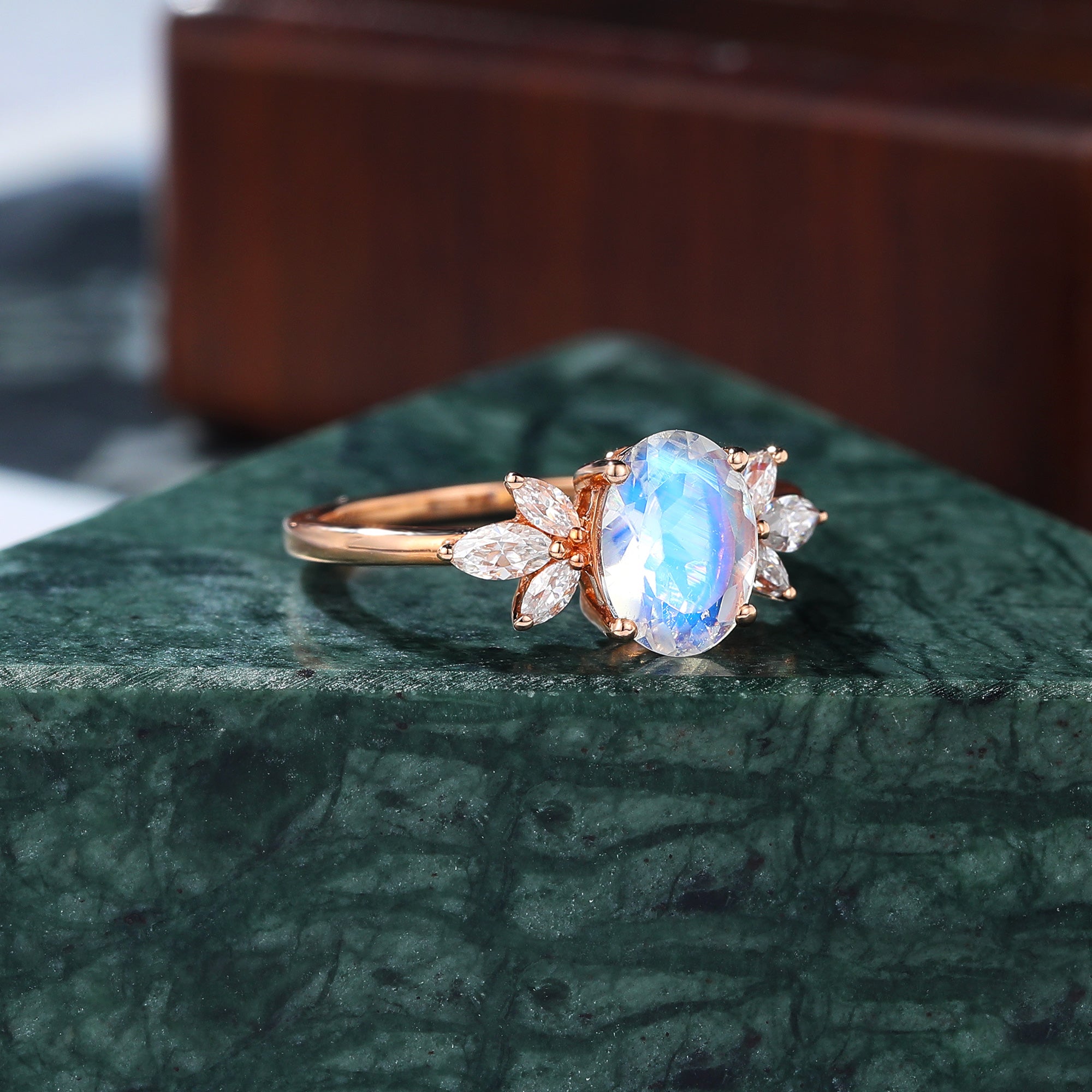 Oval cut Moonstone rose gold engagement Ring.