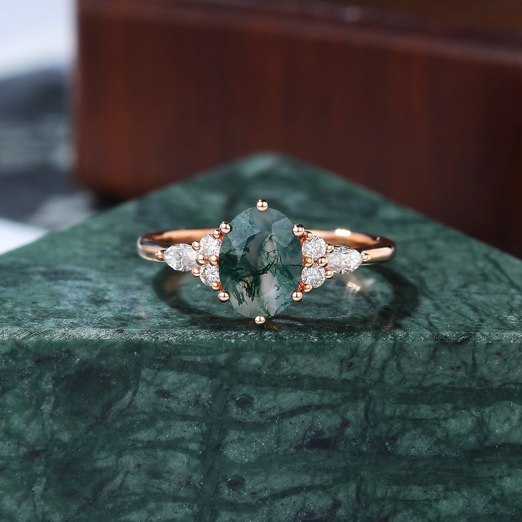 Oval cut Moss agate rose gold engagement ring