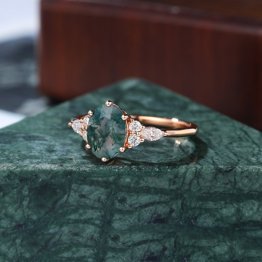 Oval cut Moss agate rose gold engagement ring