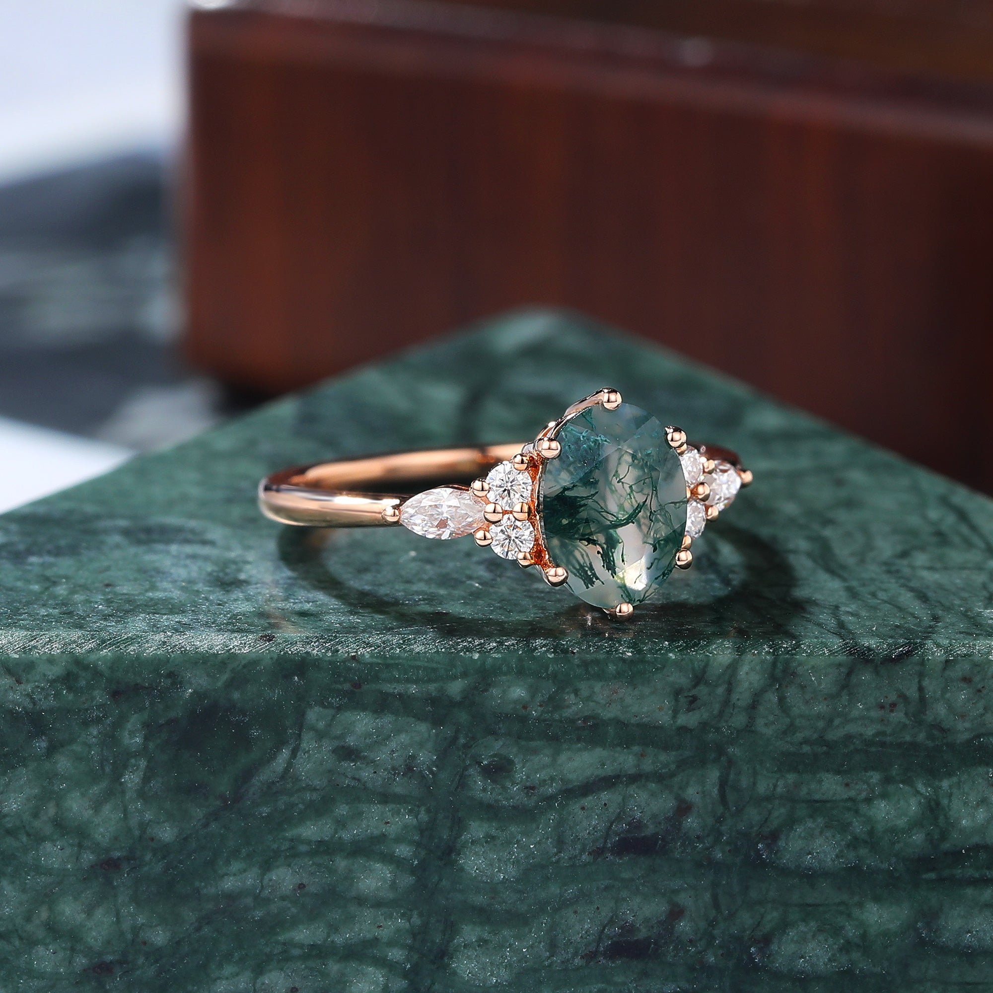 Oval cut Moss agate rose gold engagement ring
