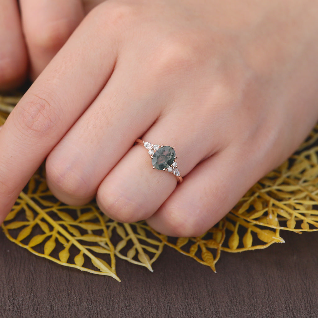Oval cut Moss agate rose gold engagement ring