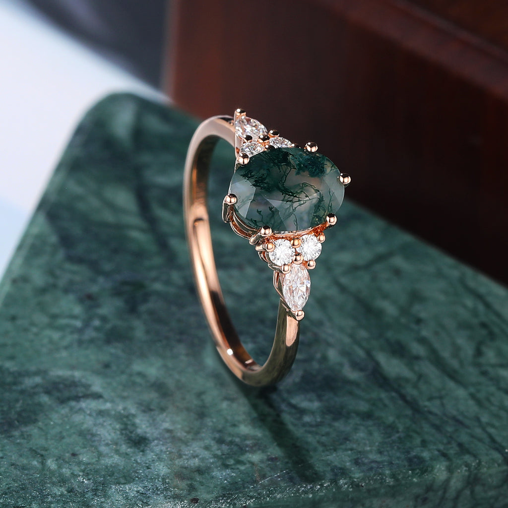 Oval cut Moss agate rose gold engagement ring
