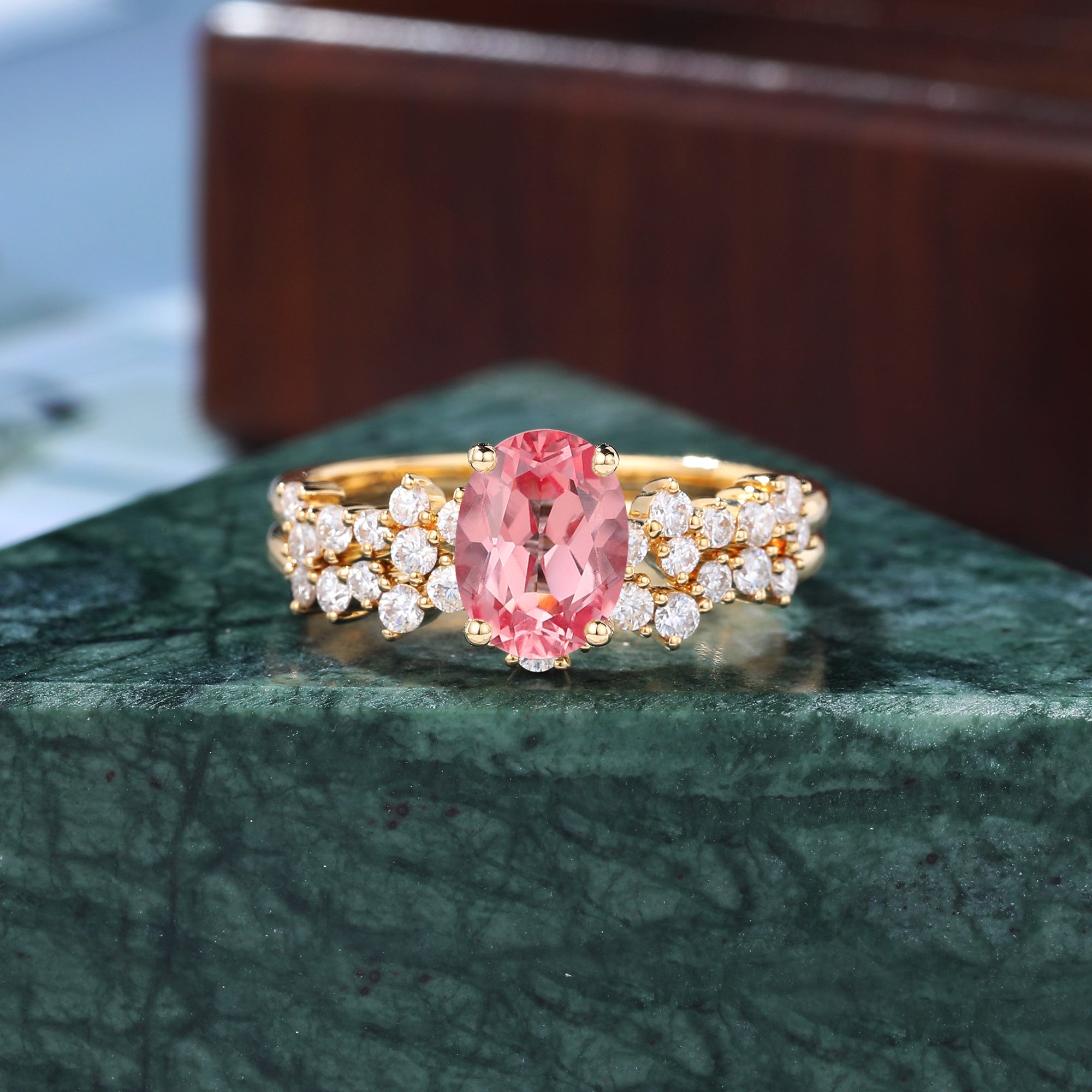 Oval cut Lab Pink Sapphire yellow gold Engagement Ring Set,   rose/white/yellow Gold,  S925/10k/14k/18k