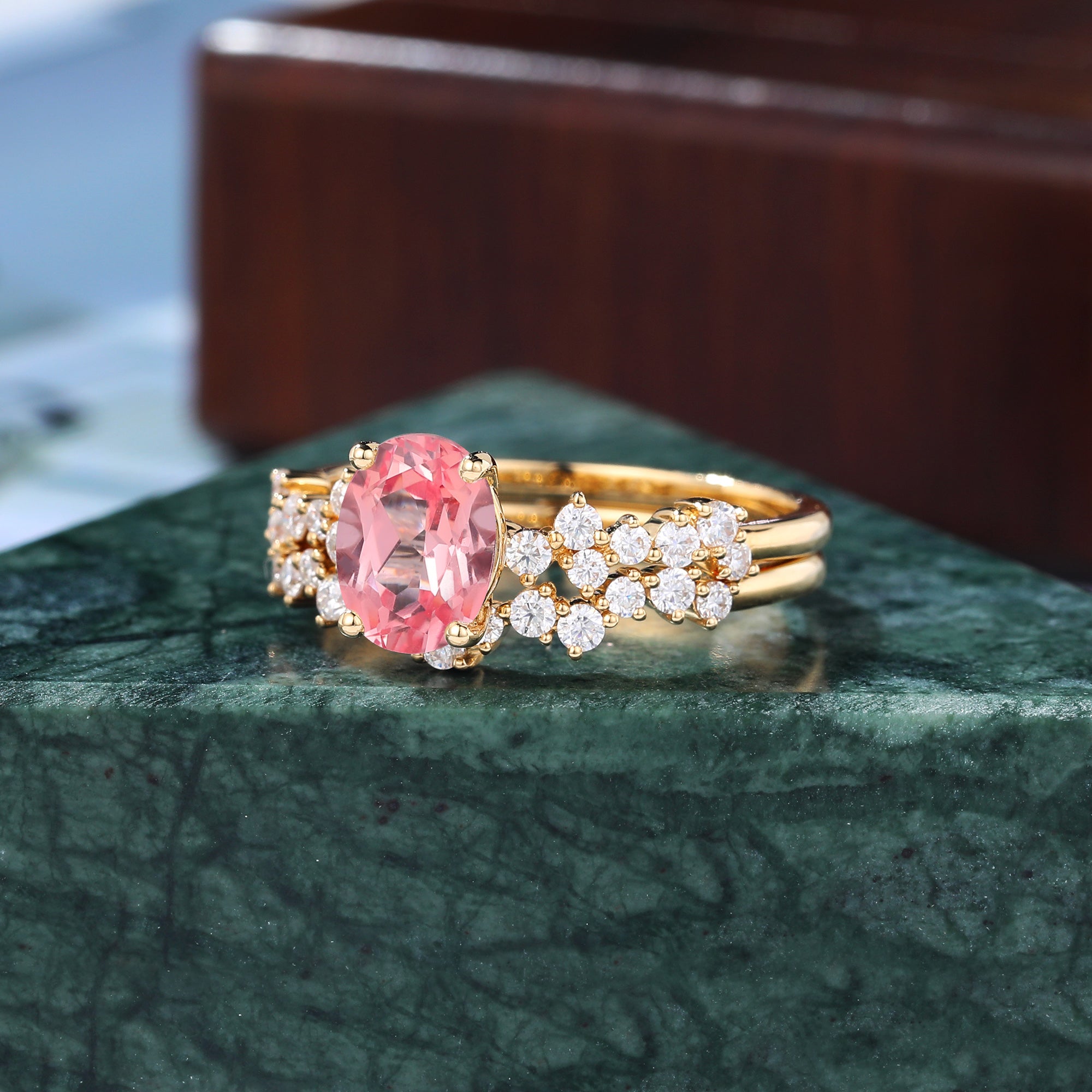 Oval cut Lab Pink Sapphire yellow gold Engagement Ring Set,   rose/white/yellow Gold,  S925/10k/14k/18k