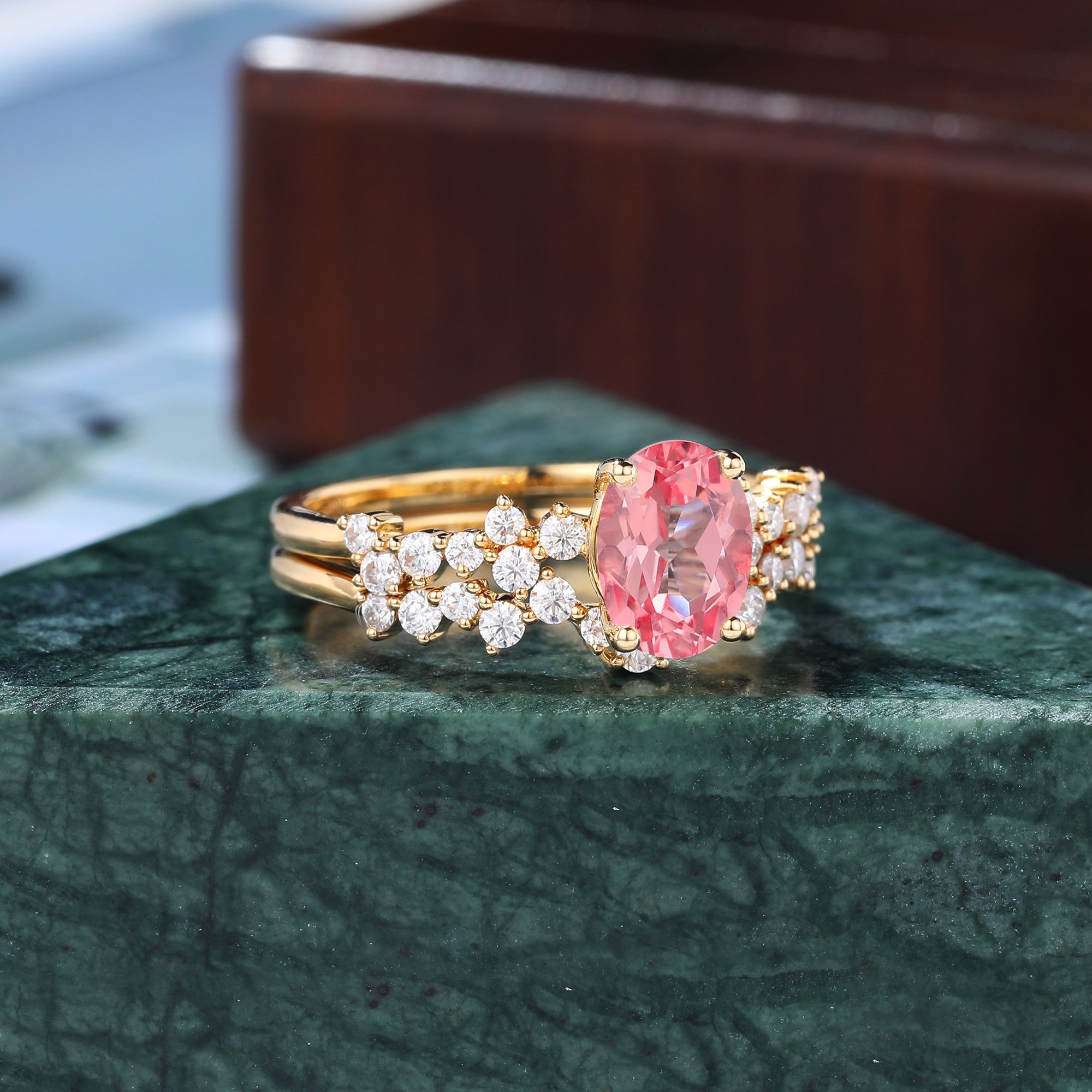 Oval cut Lab Pink Sapphire yellow gold Engagement Ring Set,   rose/white/yellow Gold,  S925/10k/14k/18k